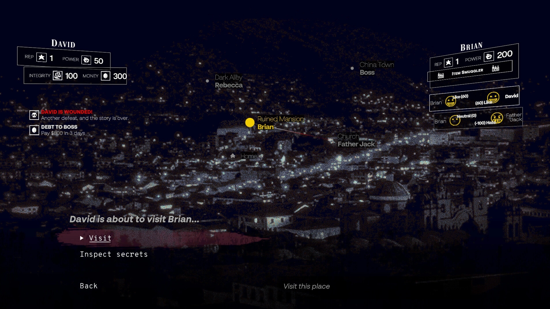 DEBT DEADLINE: David plans to visit Brian at Ruined Mansion, displayed on a nighttime city map.