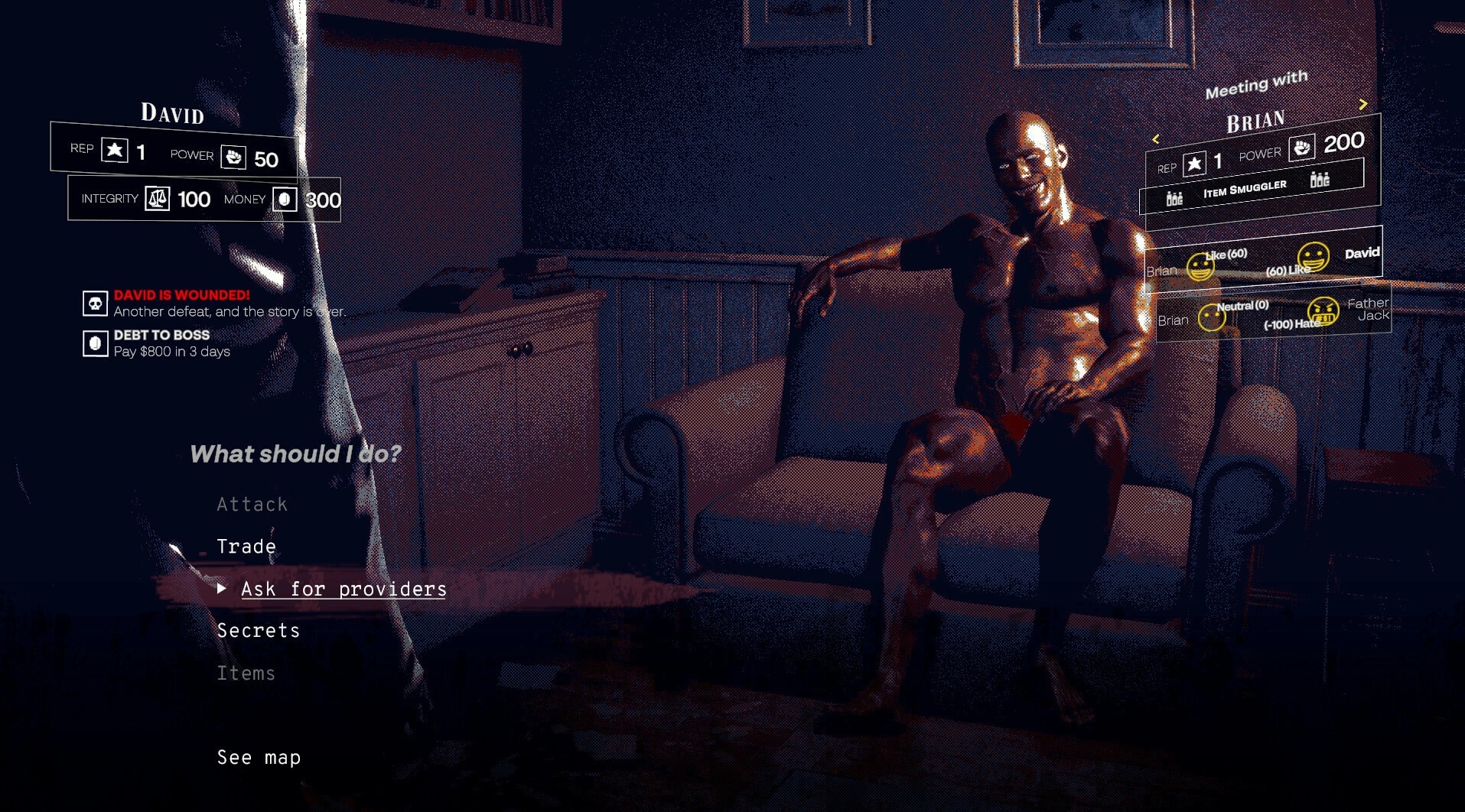 DEBT DEADLINE: David, wounded, faces Brian on a couch in a dimly lit room, considering next actions.