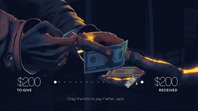 DEBT DEADLINE: Exchanging money with Father Jack, dark room with focus on hands and transaction UI.