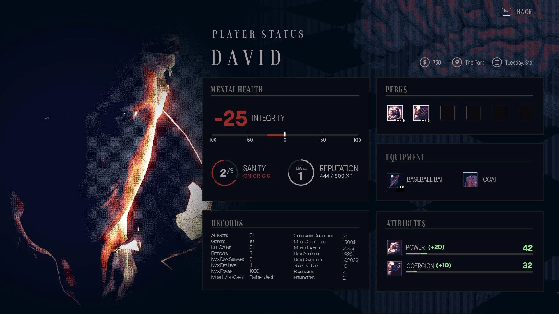 DEBT DEADLINE: David's player status screen with mental health, equipment, and attributes displayed.