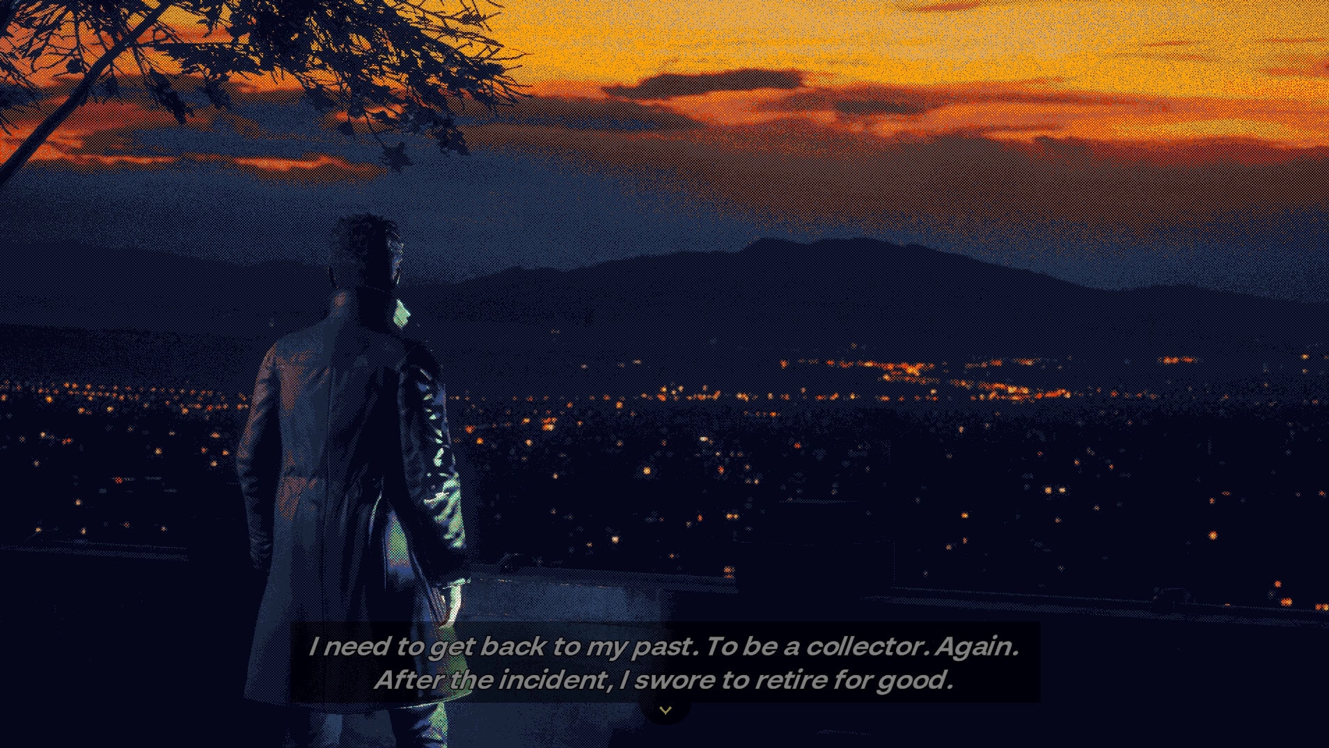 DEBT DEADLINE: Character in trench coat gazes over city lights at sunset, contemplating past decisions.