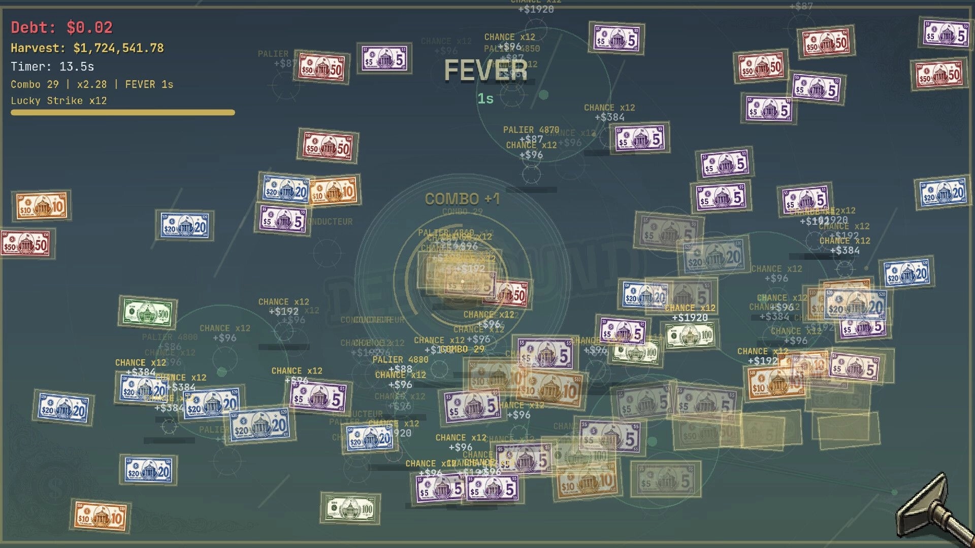 Debtbound: Cash harvesting UI with flying banknotes, combo and fever timer over a dark blueprint backdrop.