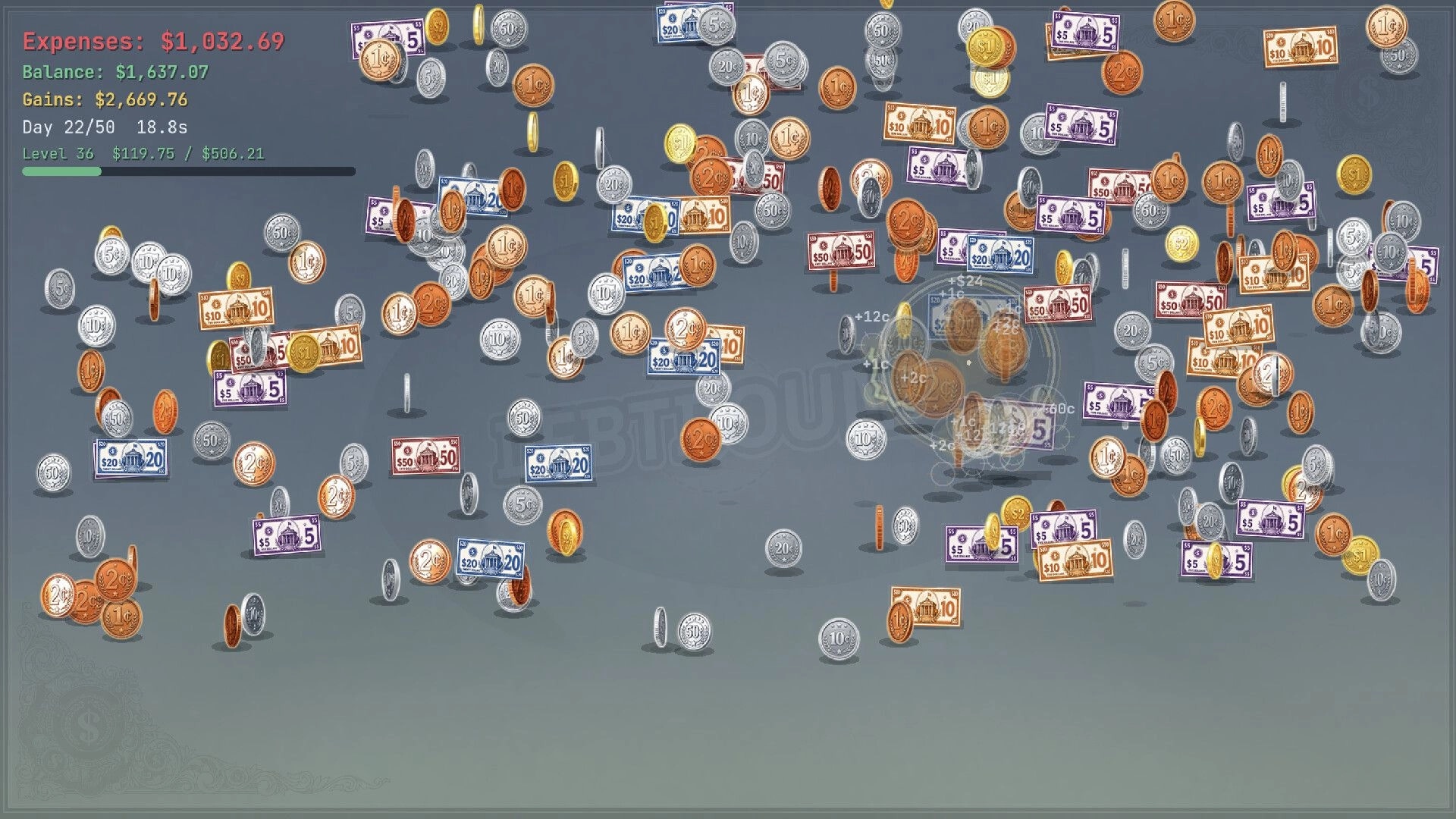 Debtbound: Coins and banknotes raining over the playfield with expenses, balance, gains stats UI on left.
