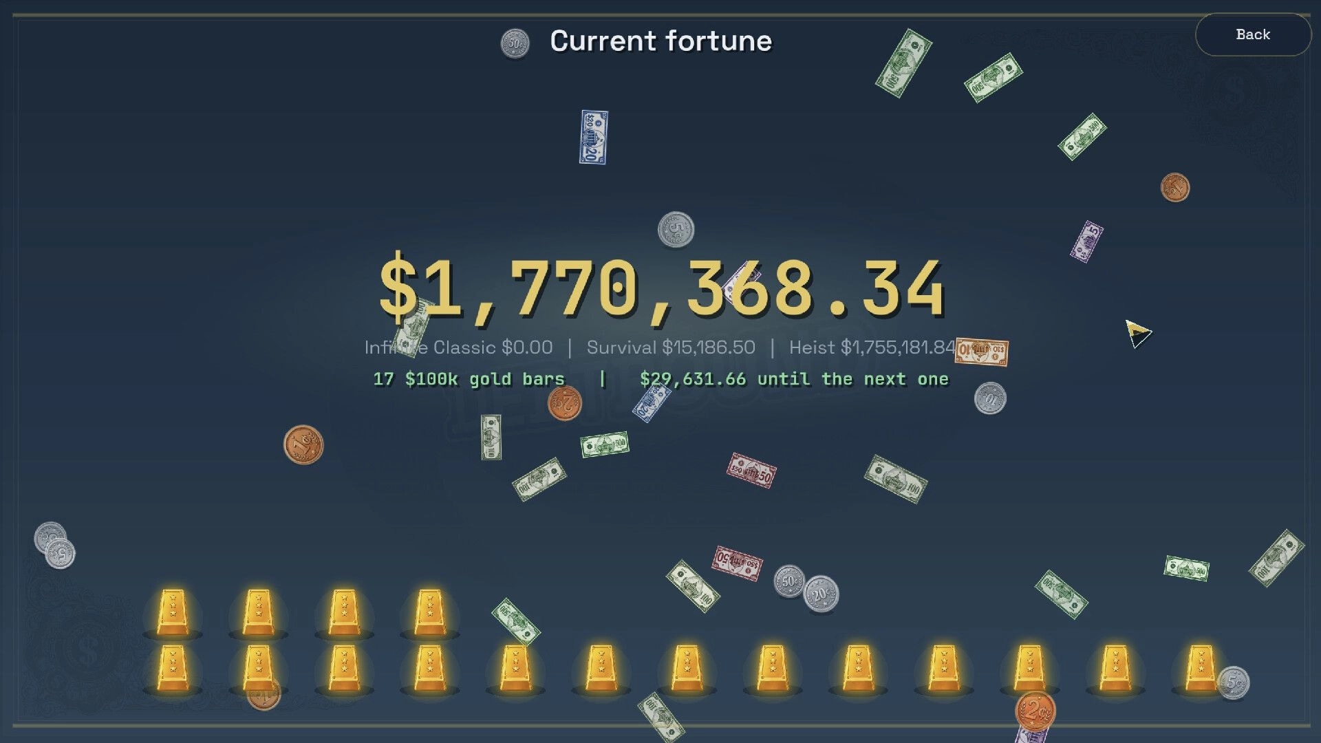 Debtbound: Current fortune screen with $1,770,368.34, falling cash, and gold bars along bottom.