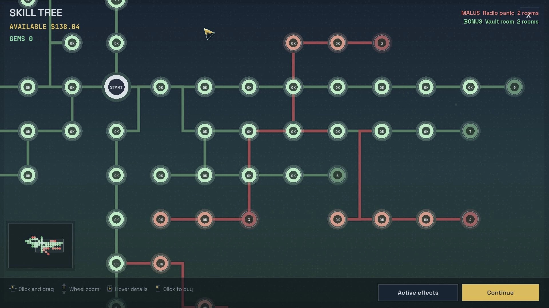 Debtbound: Skill tree screen with branching nodes marked OK and available cash counter on dark grid background.