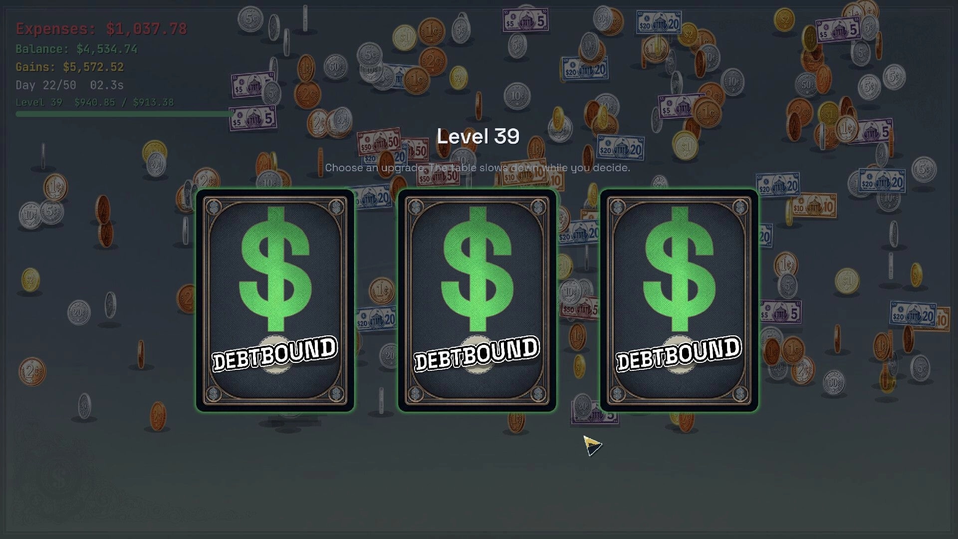 Debtbound: Level 39 upgrade choice with three card backs, coins and bills raining behind UI stats.