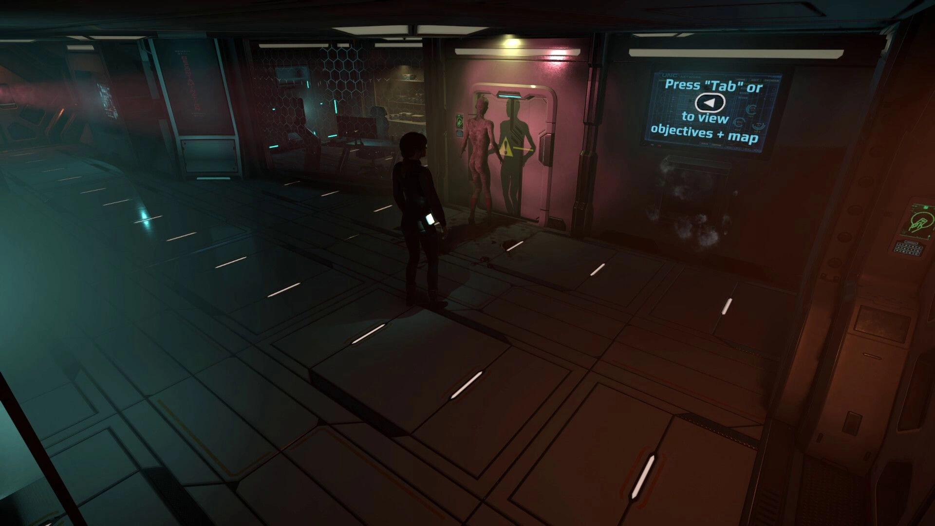 Decaying Salvage: Player encounters creature near door in dimly lit spaceship corridor with UI prompt.