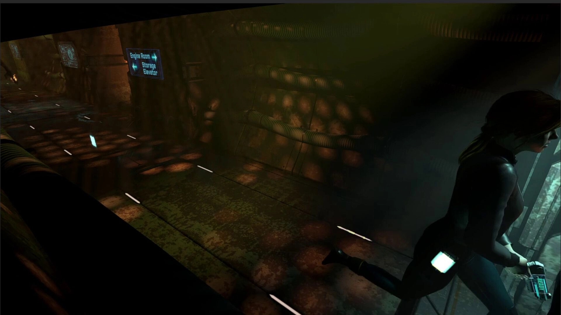 Decaying Salvage: Character runs through dim corridor with directional signs to Engine Room and Storage