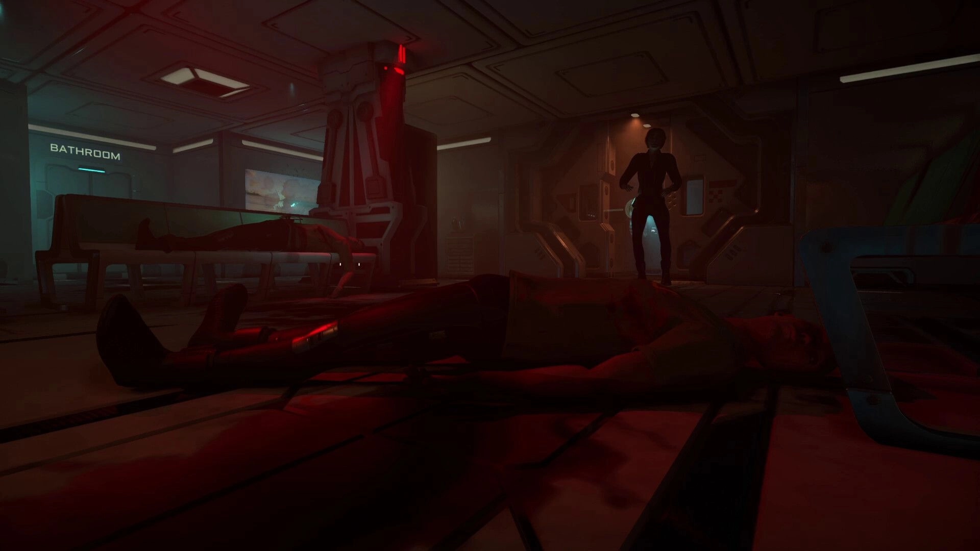Decaying Salvage: Character in dimly lit spaceship corridor standing over fallen figure near bathroom sign