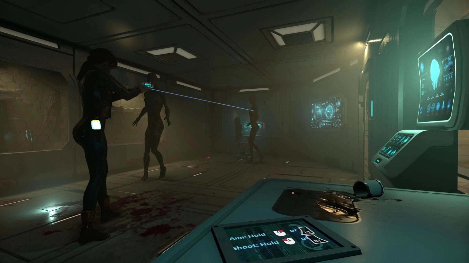 Decaying Salvage: Player aiming weapon at enemies in dimly lit spaceship corridor with bloodstained floor