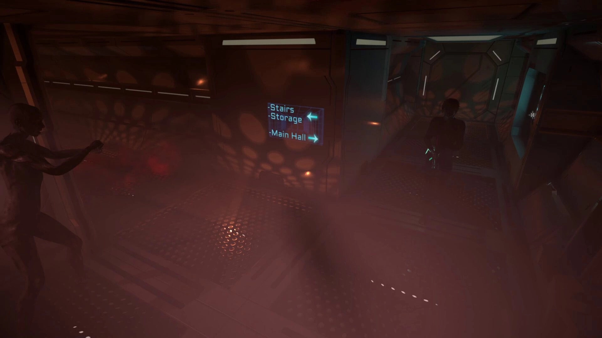 Decaying Salvage: Dimly lit corridor with directional sign and shadowy figure amidst red atmospheric haze