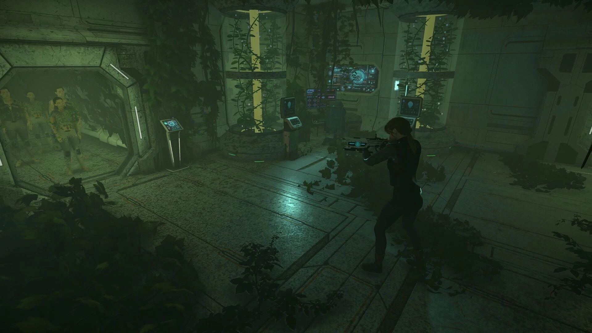 Decaying Salvage: Character aiming weapon in overgrown spaceship corridor, facing approaching figures