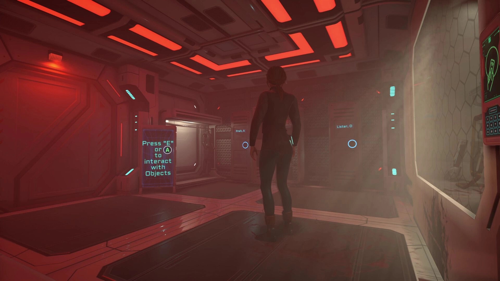 Decaying Salvage: Character in dimly lit spaceship corridor with interaction prompt on wall panel
