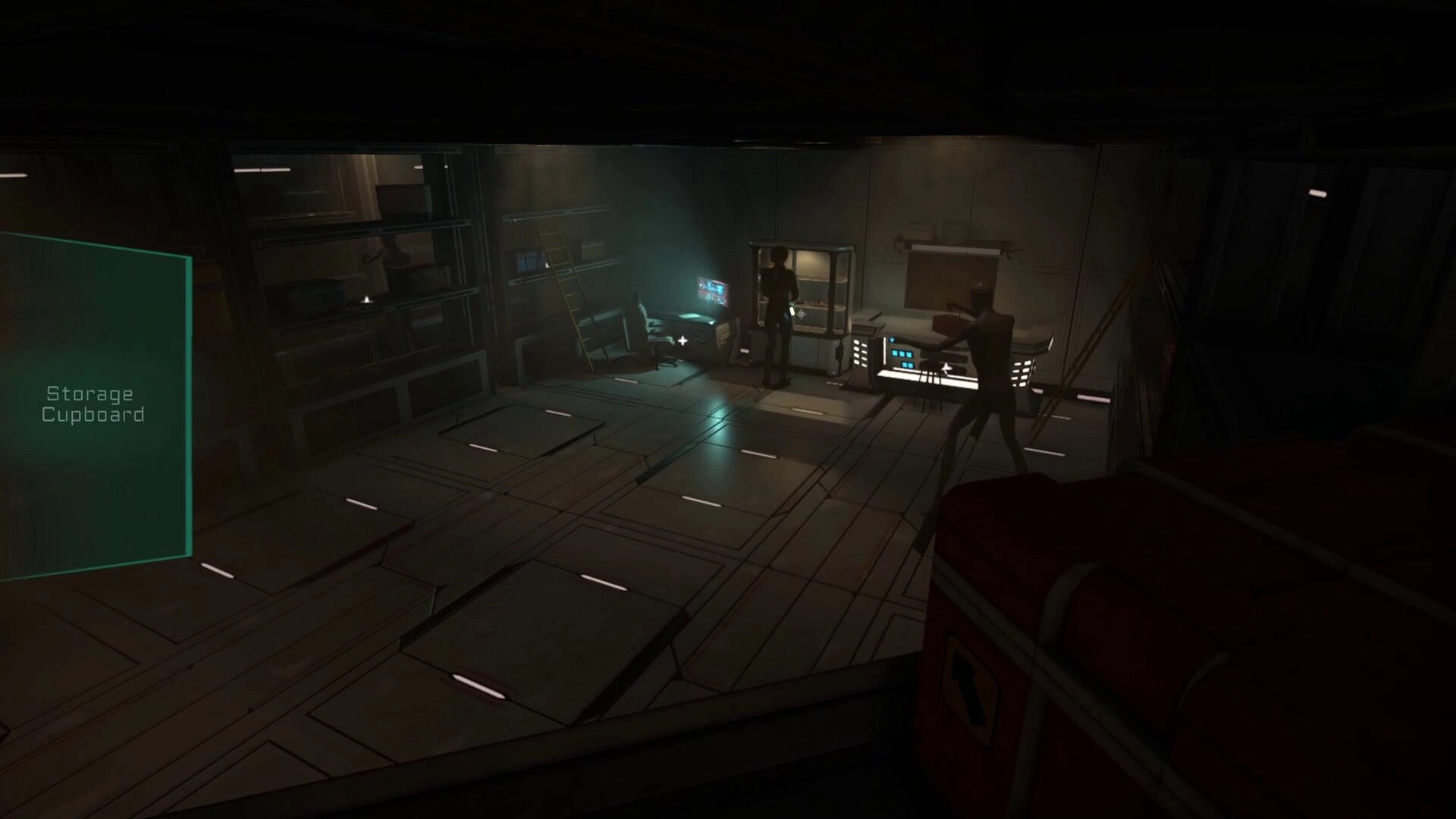 Decaying Salvage: Player scavenges parts in dimly lit spaceship storage cupboard with alien enemy nearby