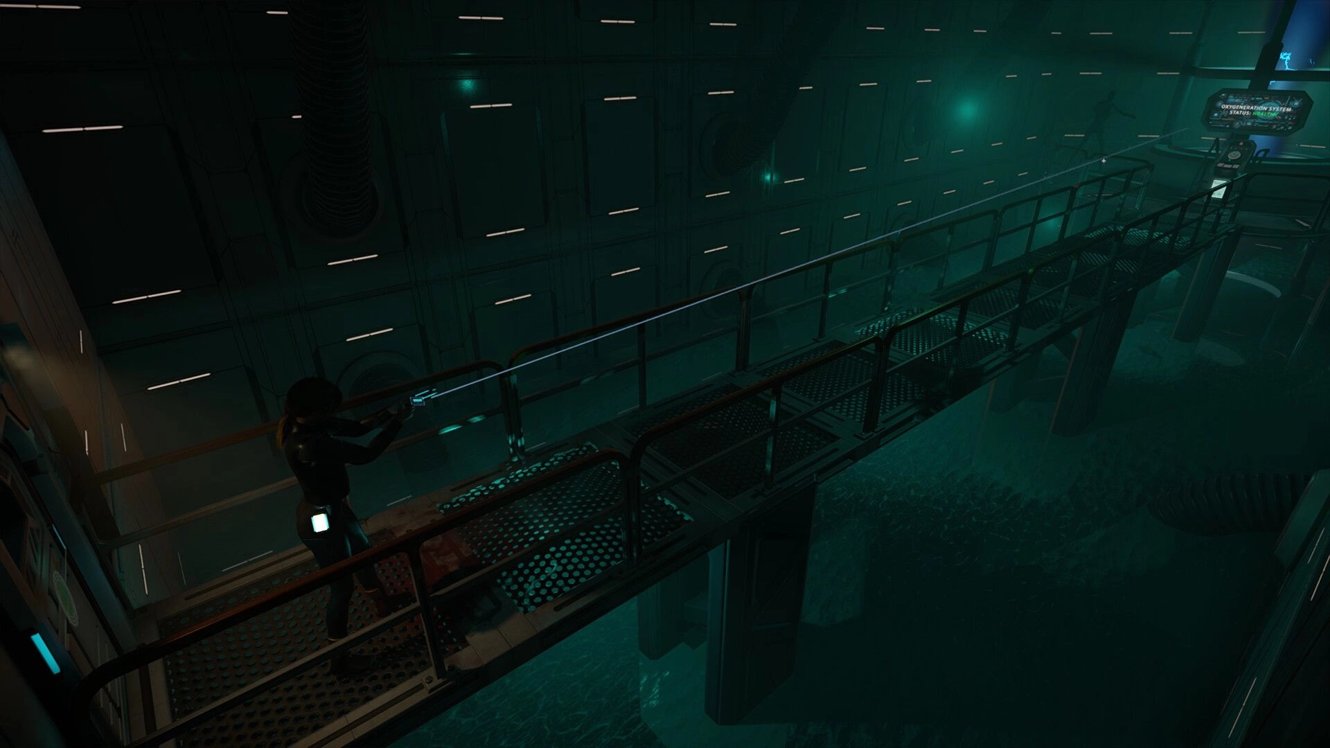 Decaying Salvage: Character exploring dimly lit spaceship bridge with ominous atmosphere