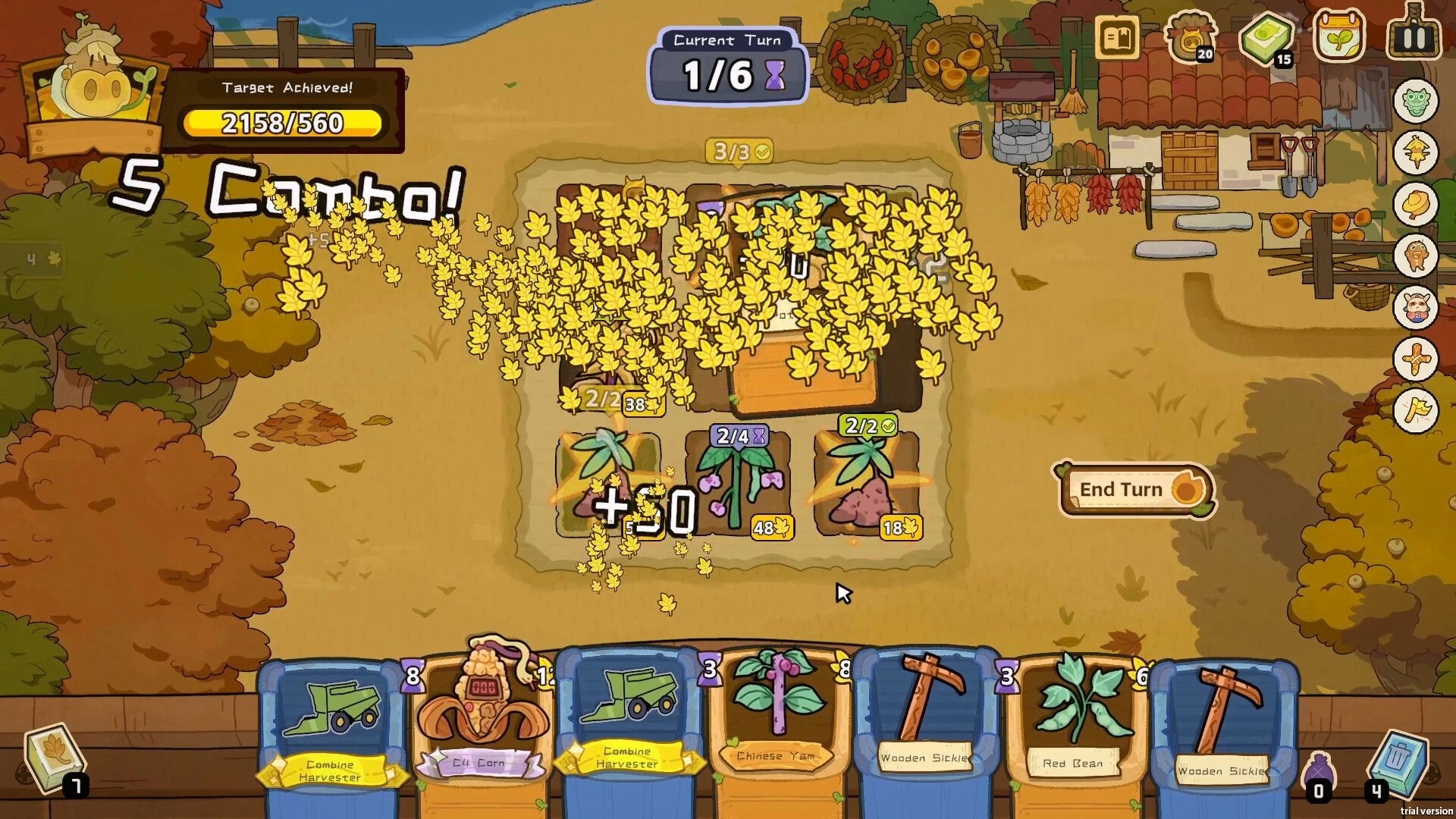 Deck of Harvest: Harvesting crops with falling leaves and +50 gain UI on a farm field by a house