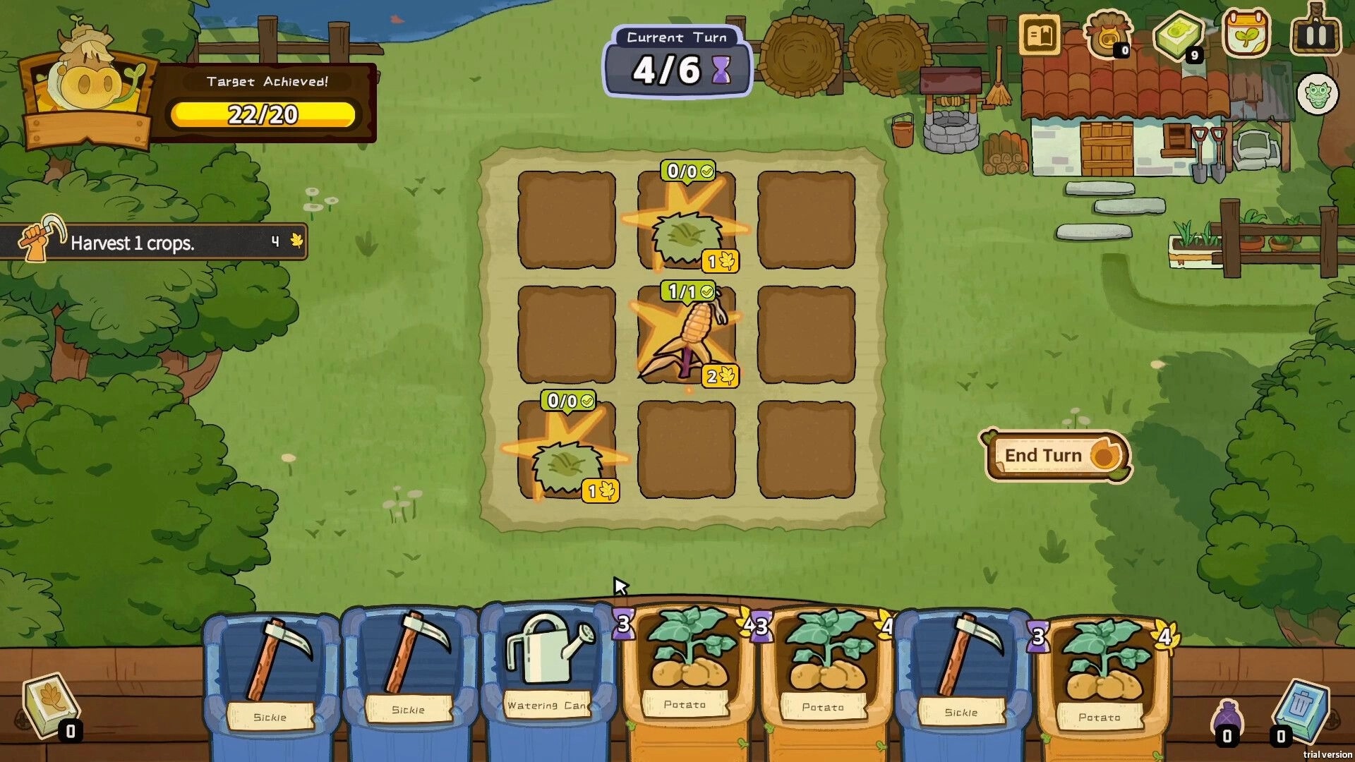 Deck of Harvest: Crop field grid with corn and weeds, card hand and End Turn button by farmhouse