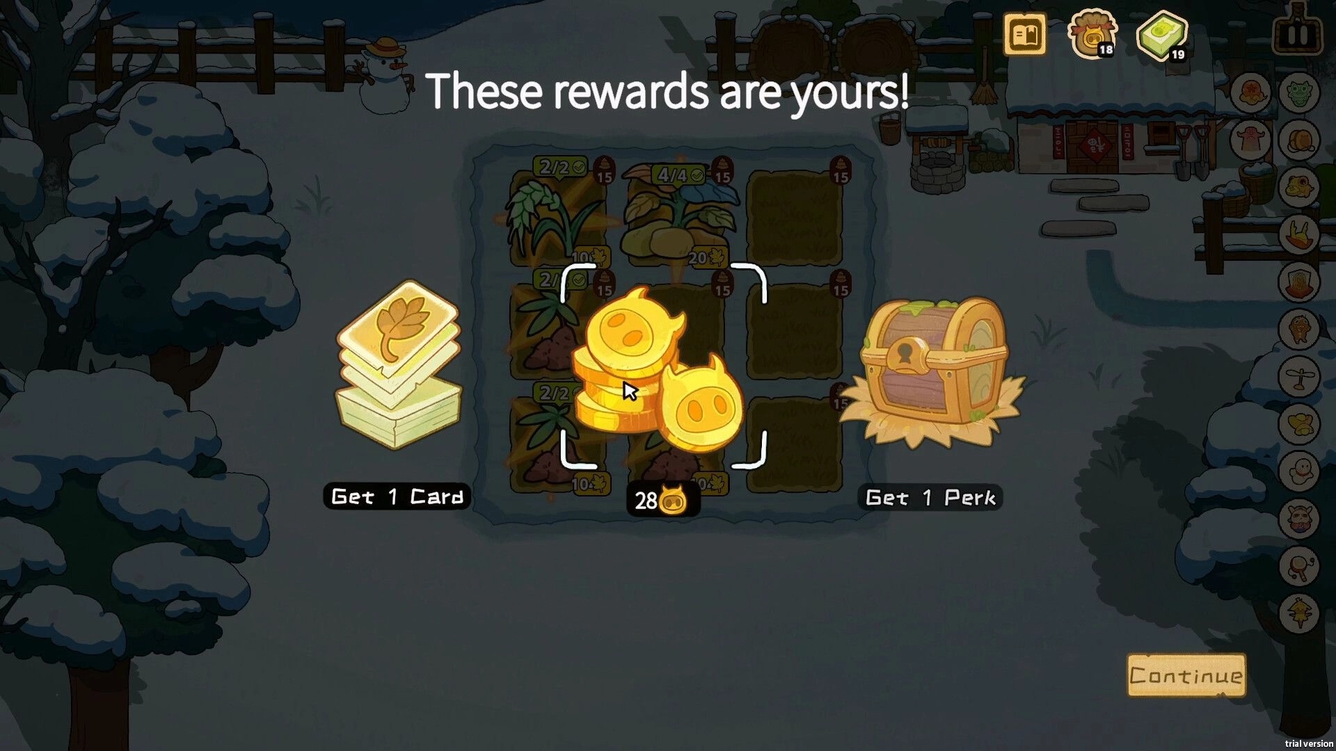 Deck of Harvest: Reward selection screen with card stack, coins, and perk chest over snowy farm plots