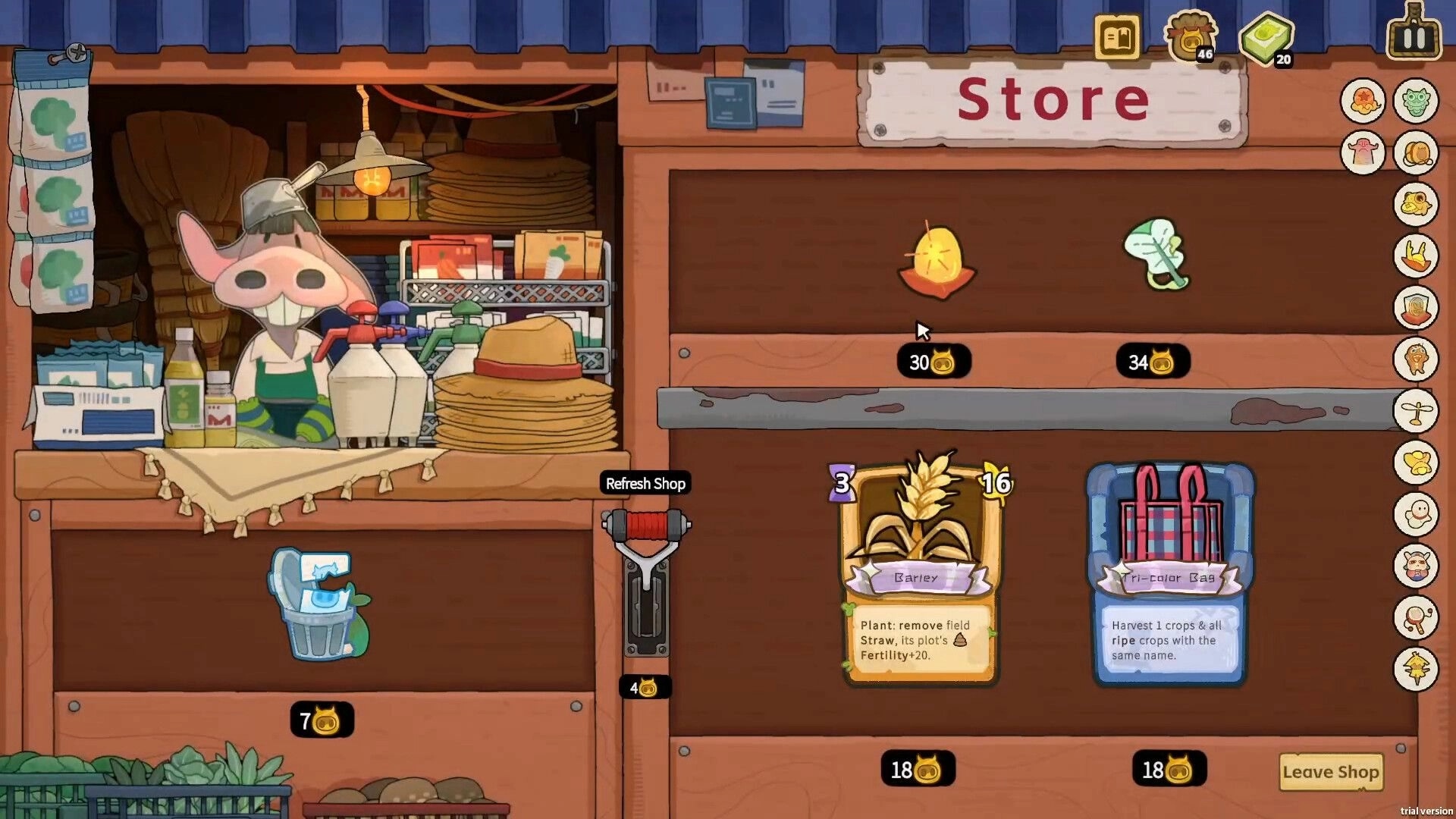 Deck of Harvest: Store shop screen with seed icons and Barley and Tri-color Bag cards for sale indoors