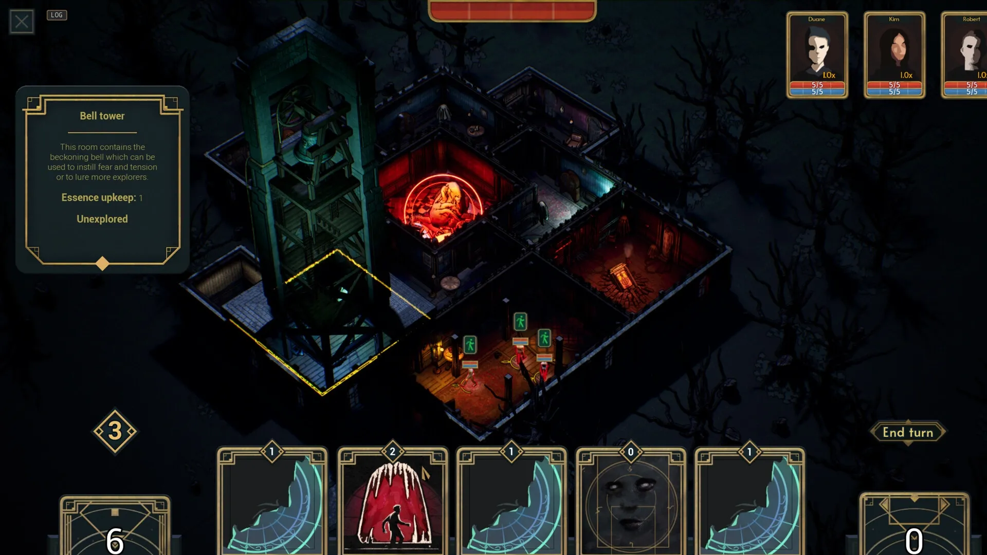 Deck of Haunts: Overhead view of haunted mansion with bell tower, player cards, and character portraits.