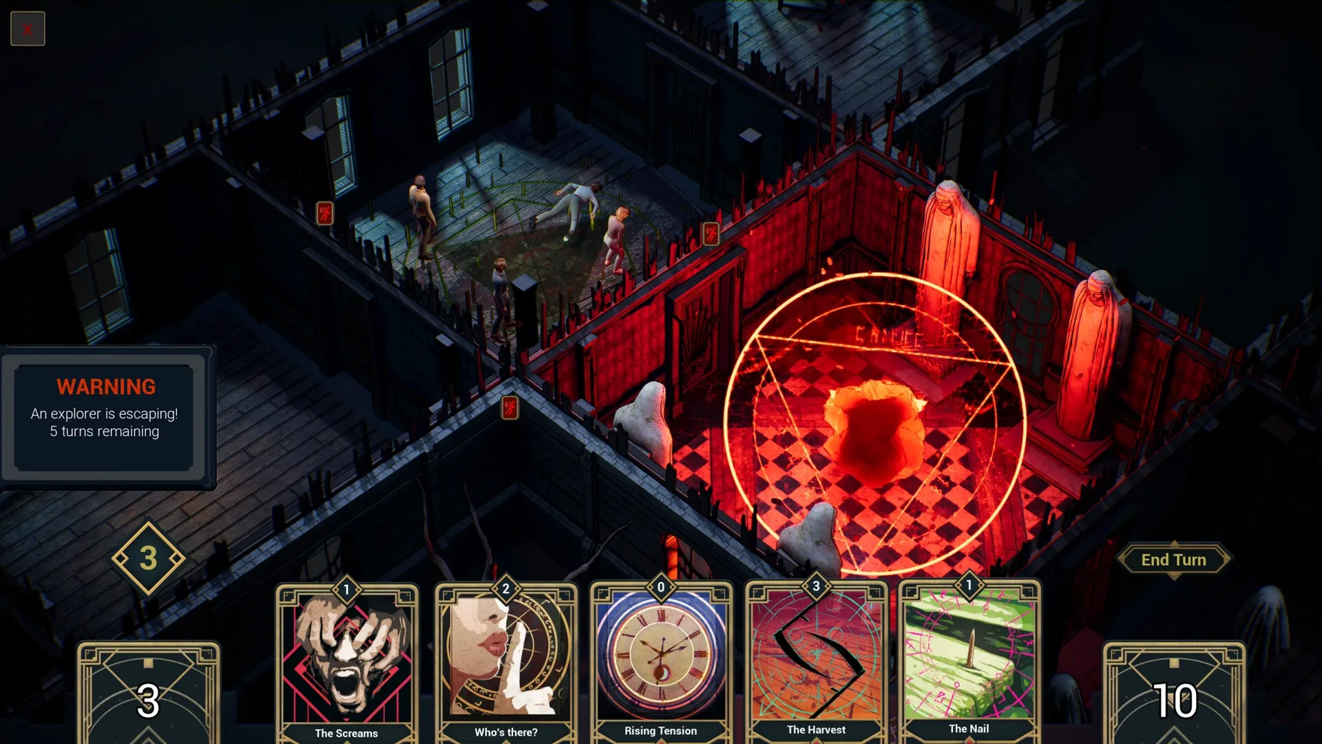 Deck of Haunts: Explorer escaping through haunted corridor, red spell circle glowing in eerie room