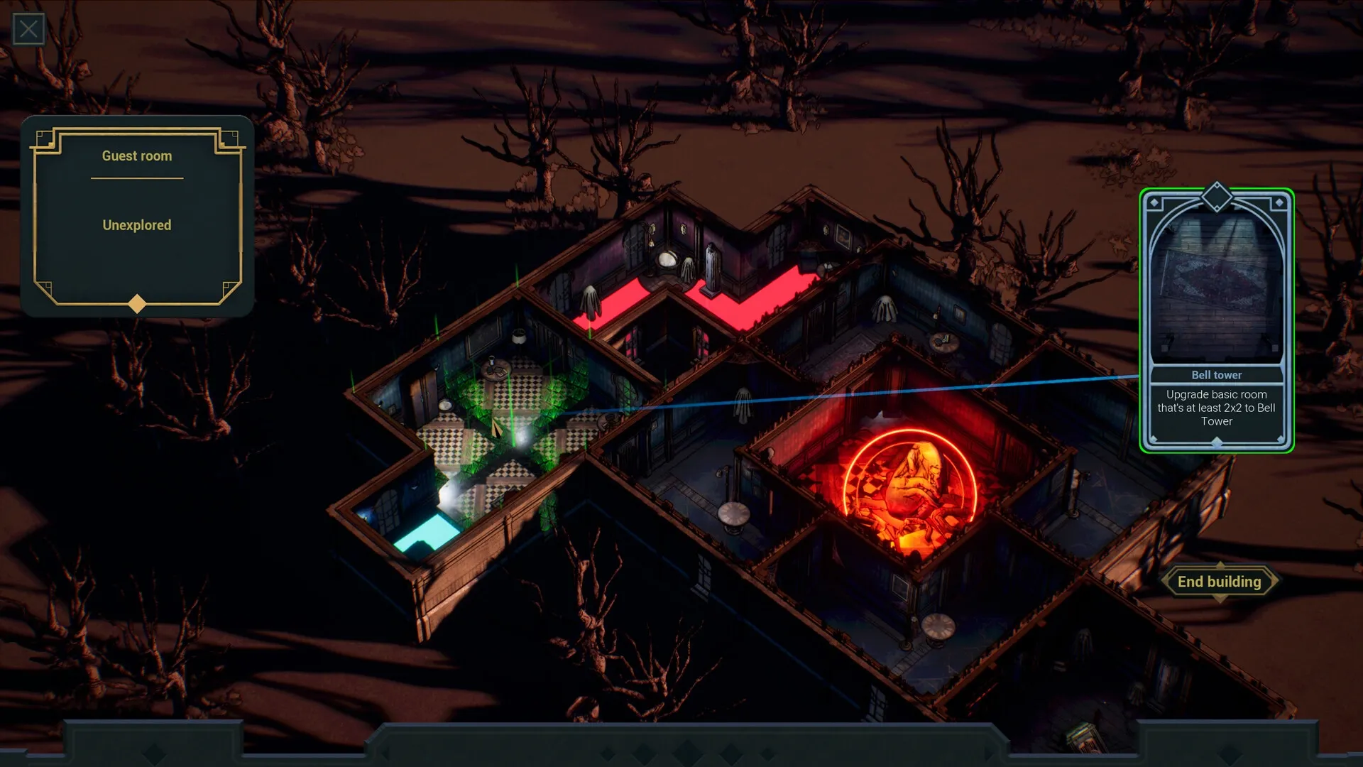 Deck of Haunts: Overhead view of haunted mansion layout with guest room and bell tower card selection.