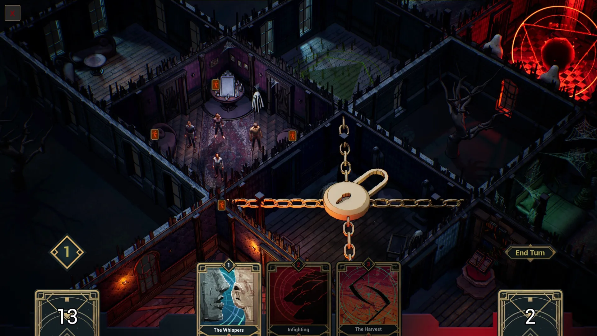 Deck of Haunts: Three humans explore haunted rooms with cards below and a locked chain overlay.