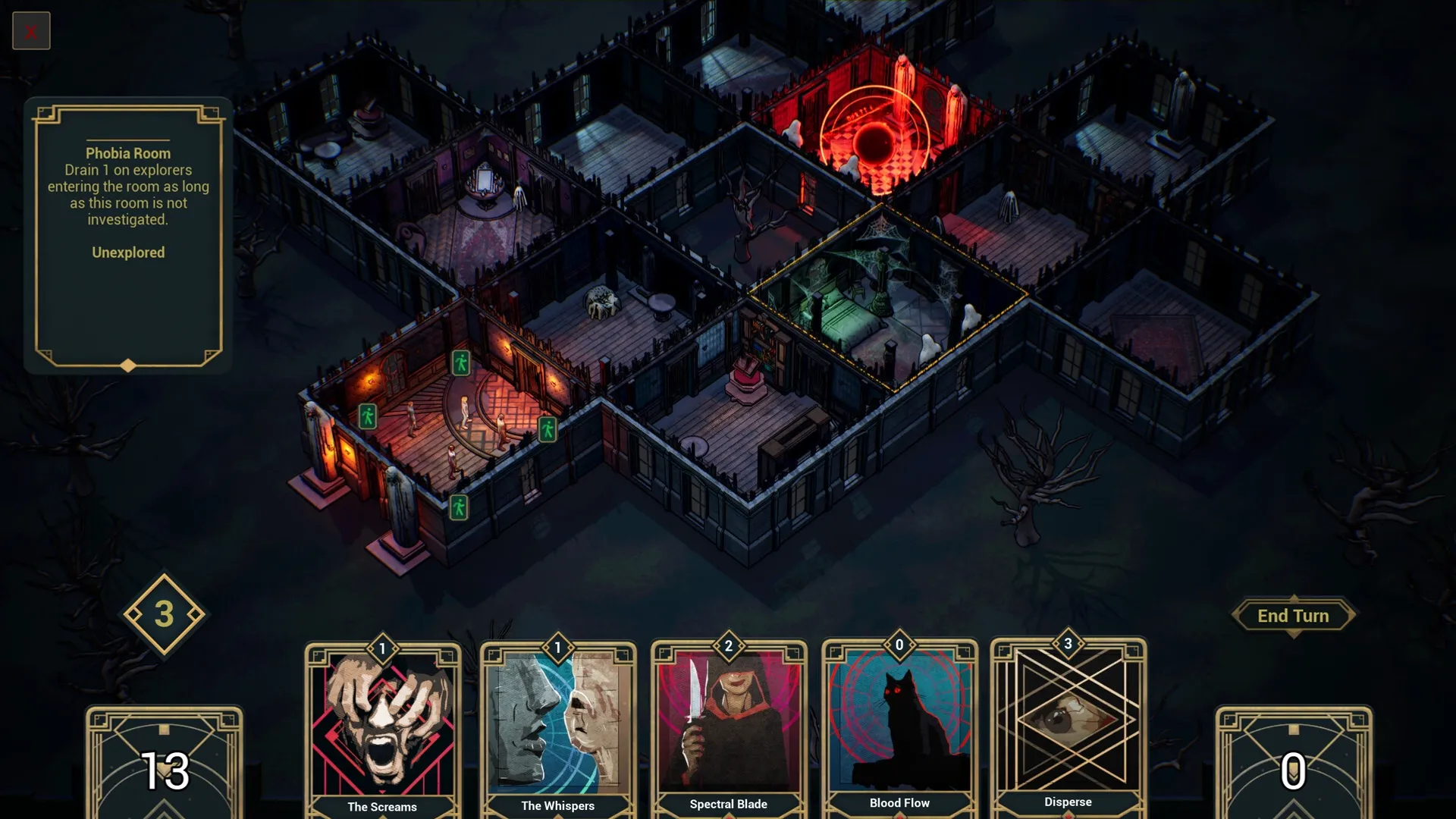 Deck of Haunts: Haunted mansion overview with Phobia Room details and card deck at bottom of screen