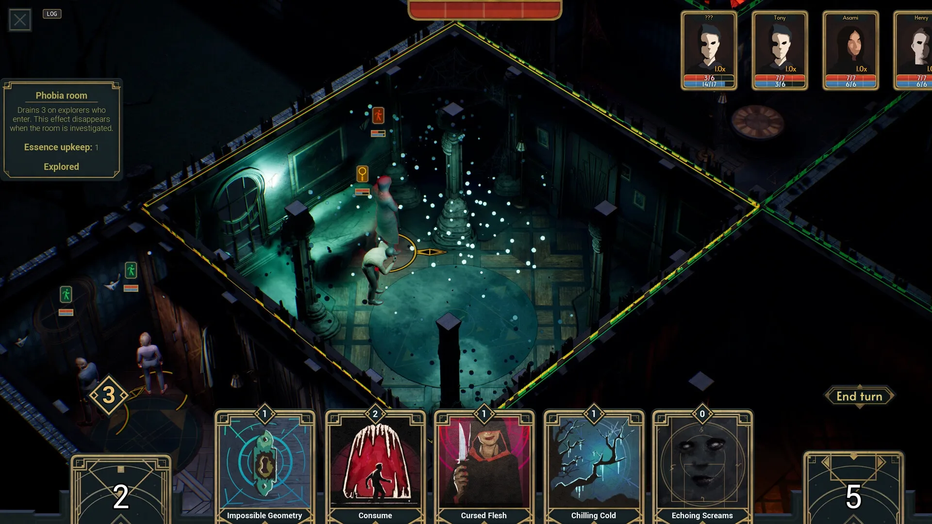 Deck of Haunts: Phobia room with explorers draining essence, surrounded by cards and character stats.
