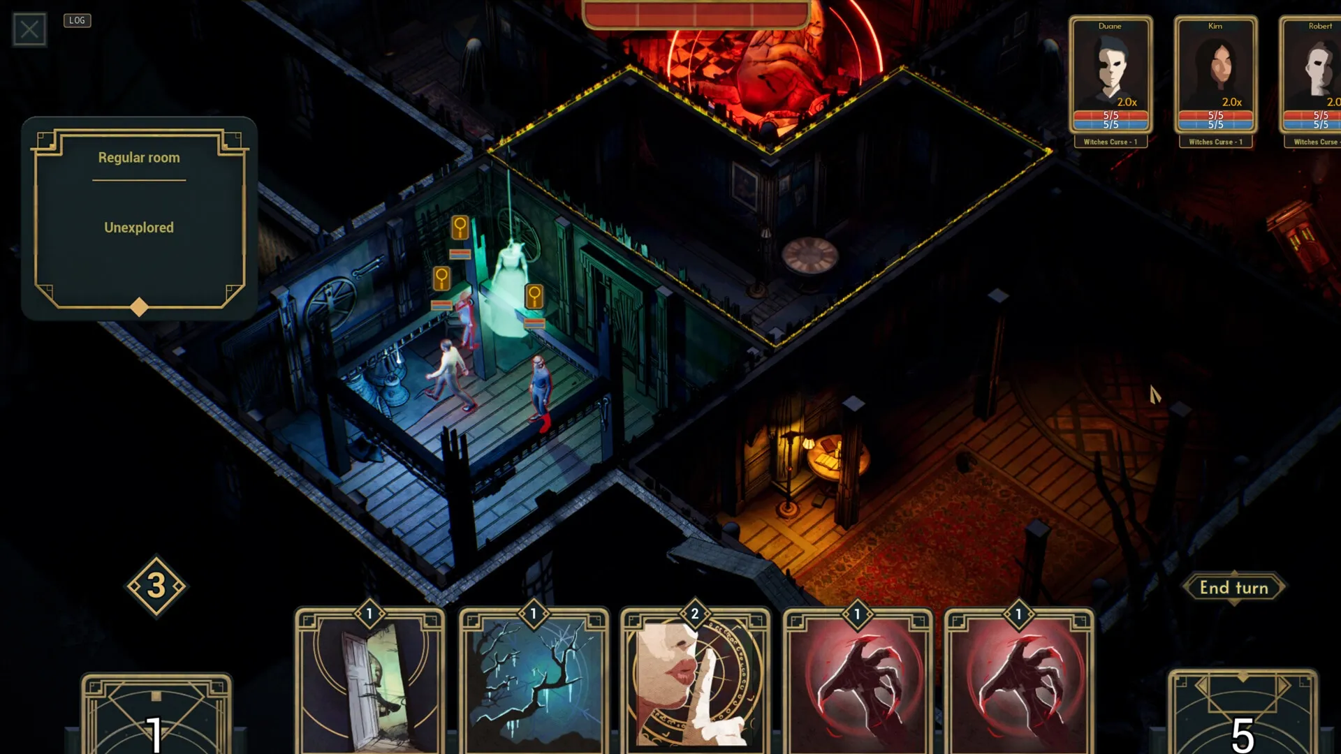 Deck of Haunts: Ghostly figure haunting humans in dimly lit mansion corridor with card options below.