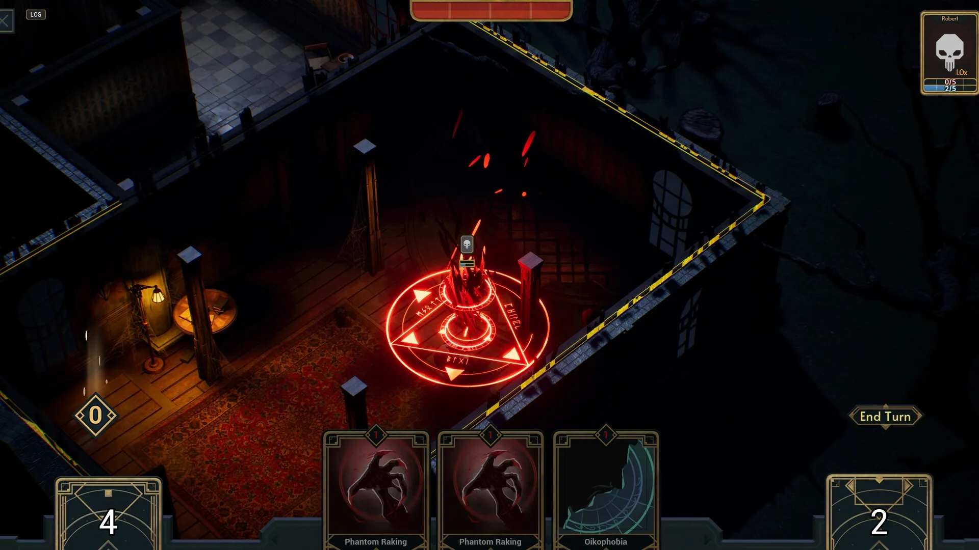 Deck of Haunts: Ritual circle glowing red in a dimly lit room with cards and end turn button visible