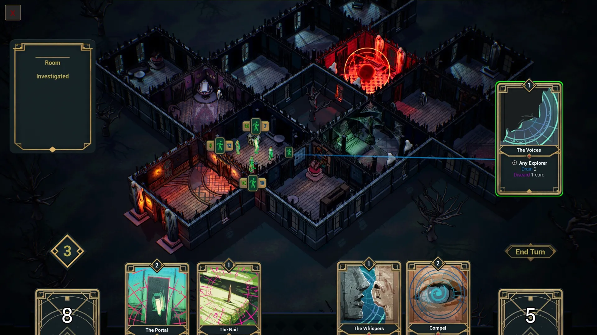 Deck of Haunts: Overhead view of haunted mansion with explorers and card interface on screen