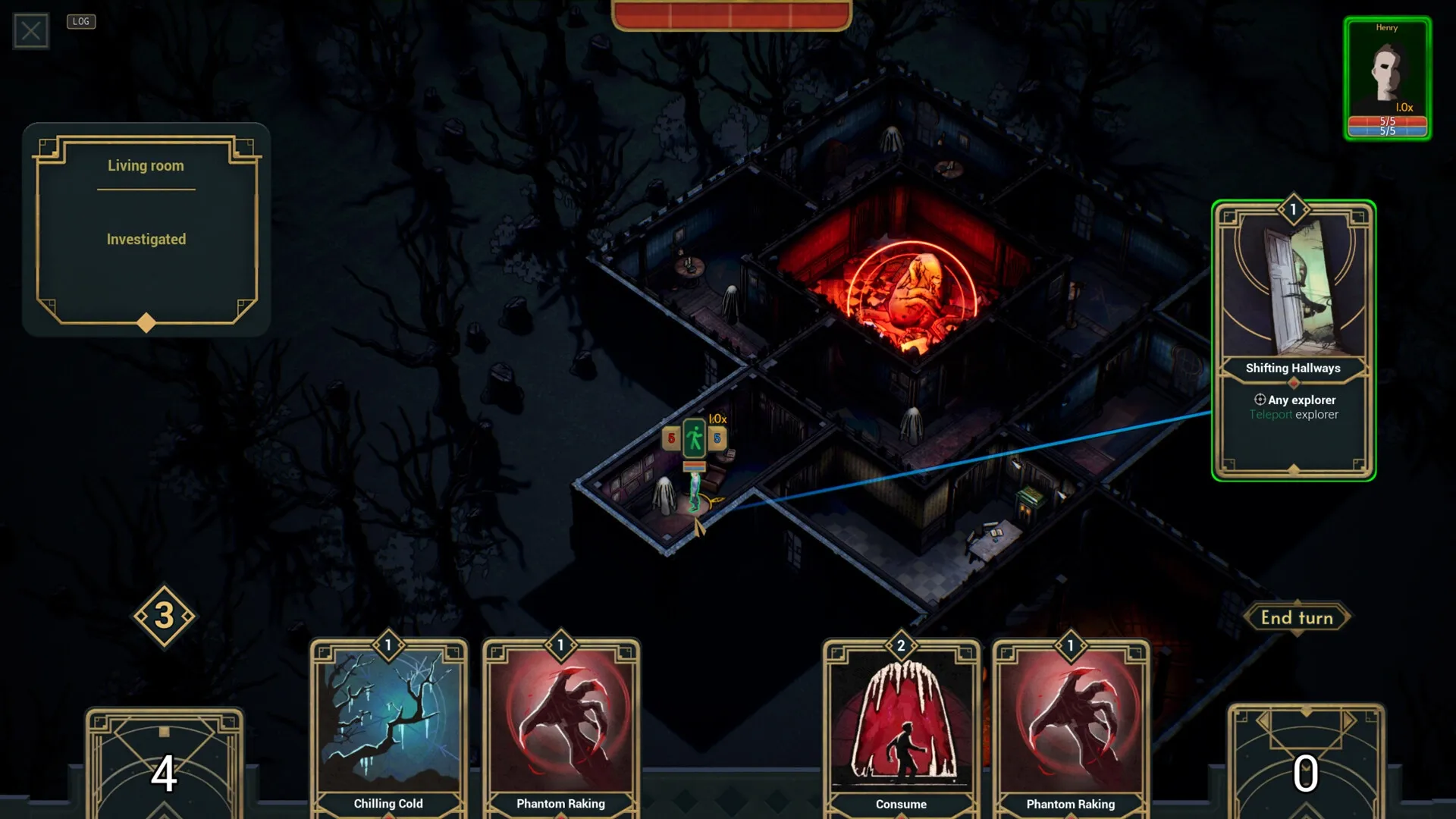Deck of Haunts: Player navigates haunted mansion with cards and explores rooms using strategic moves.