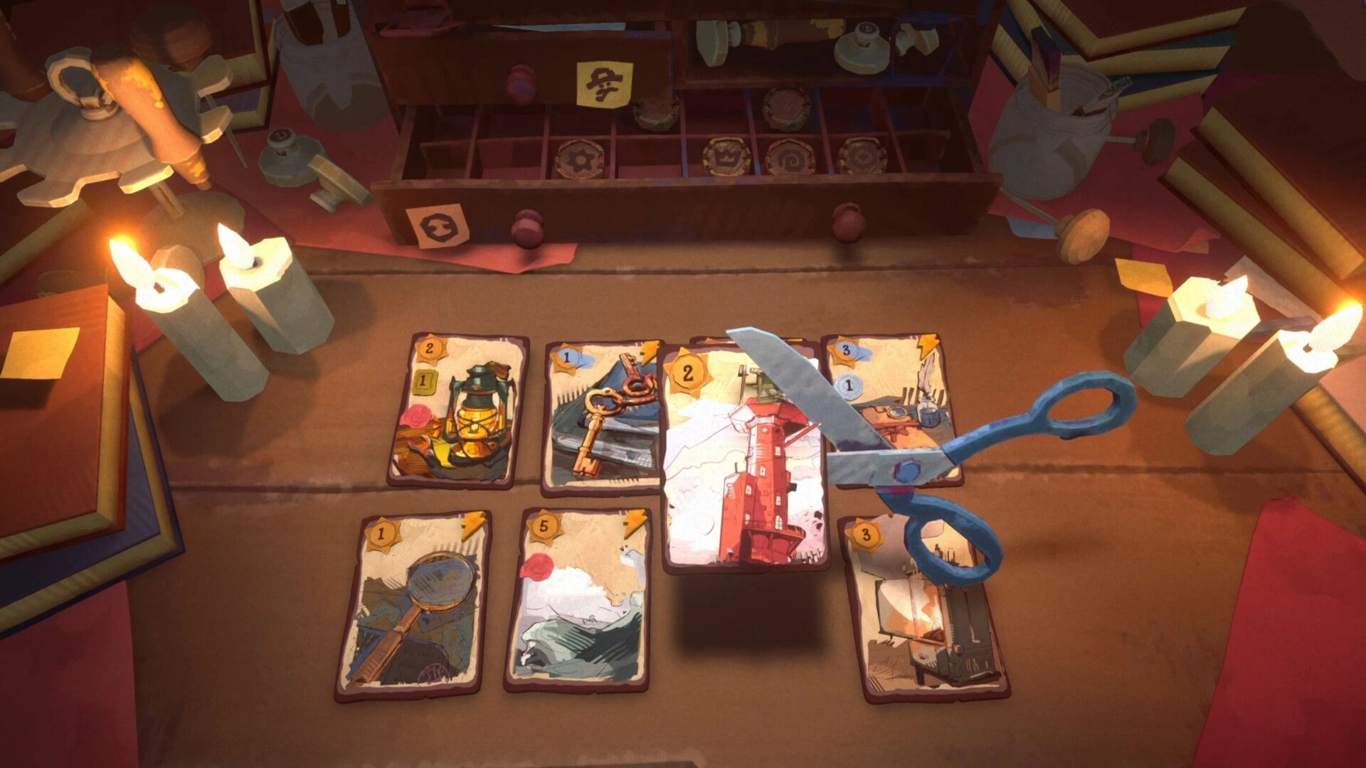 Deck of Memories: Scissors poised over lighthouse card among item cards on a candlelit desk diorama.