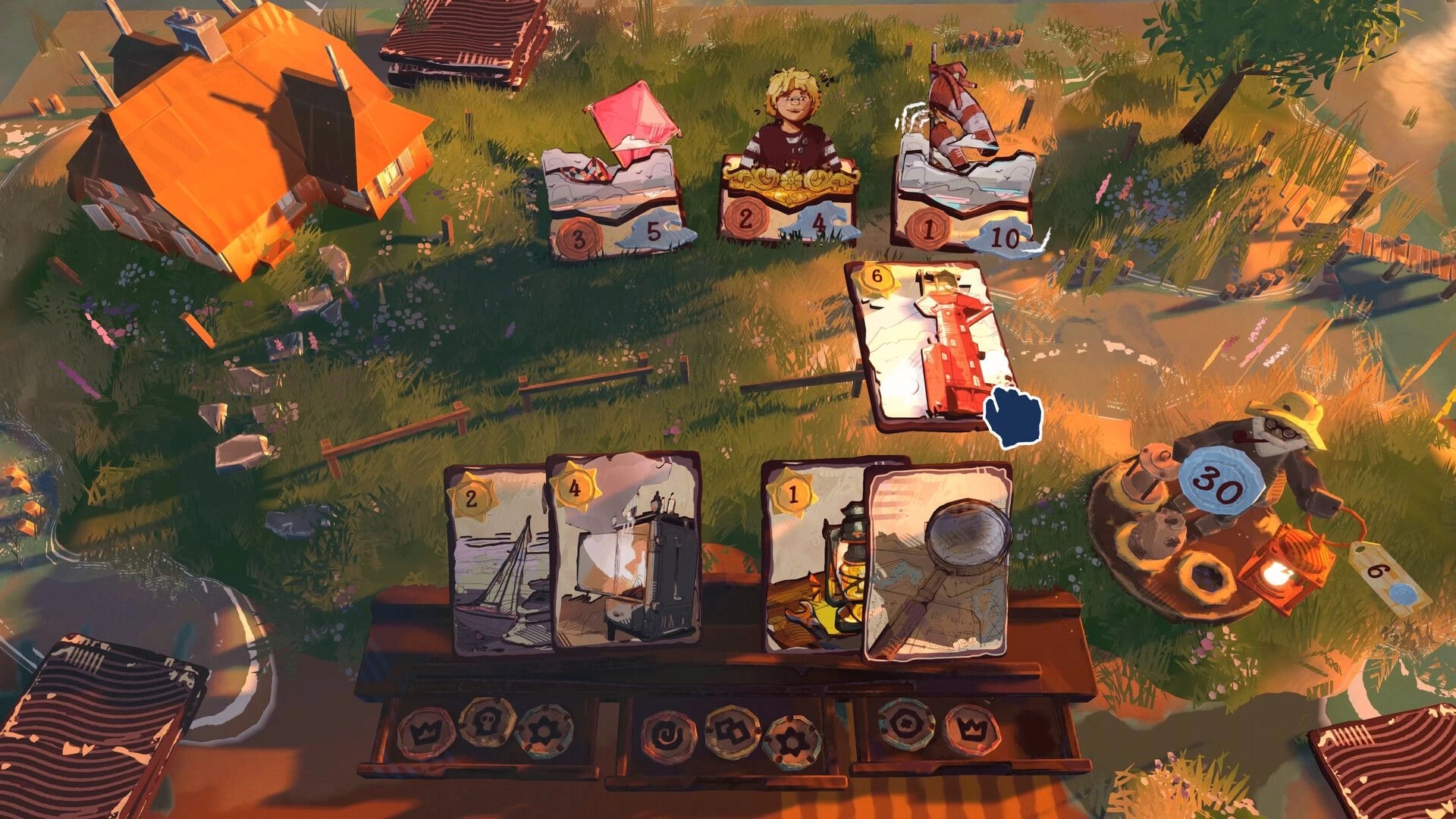 Deck of Memories: Card drafting with lighthouse and tools on table in grassy diorama village scene.