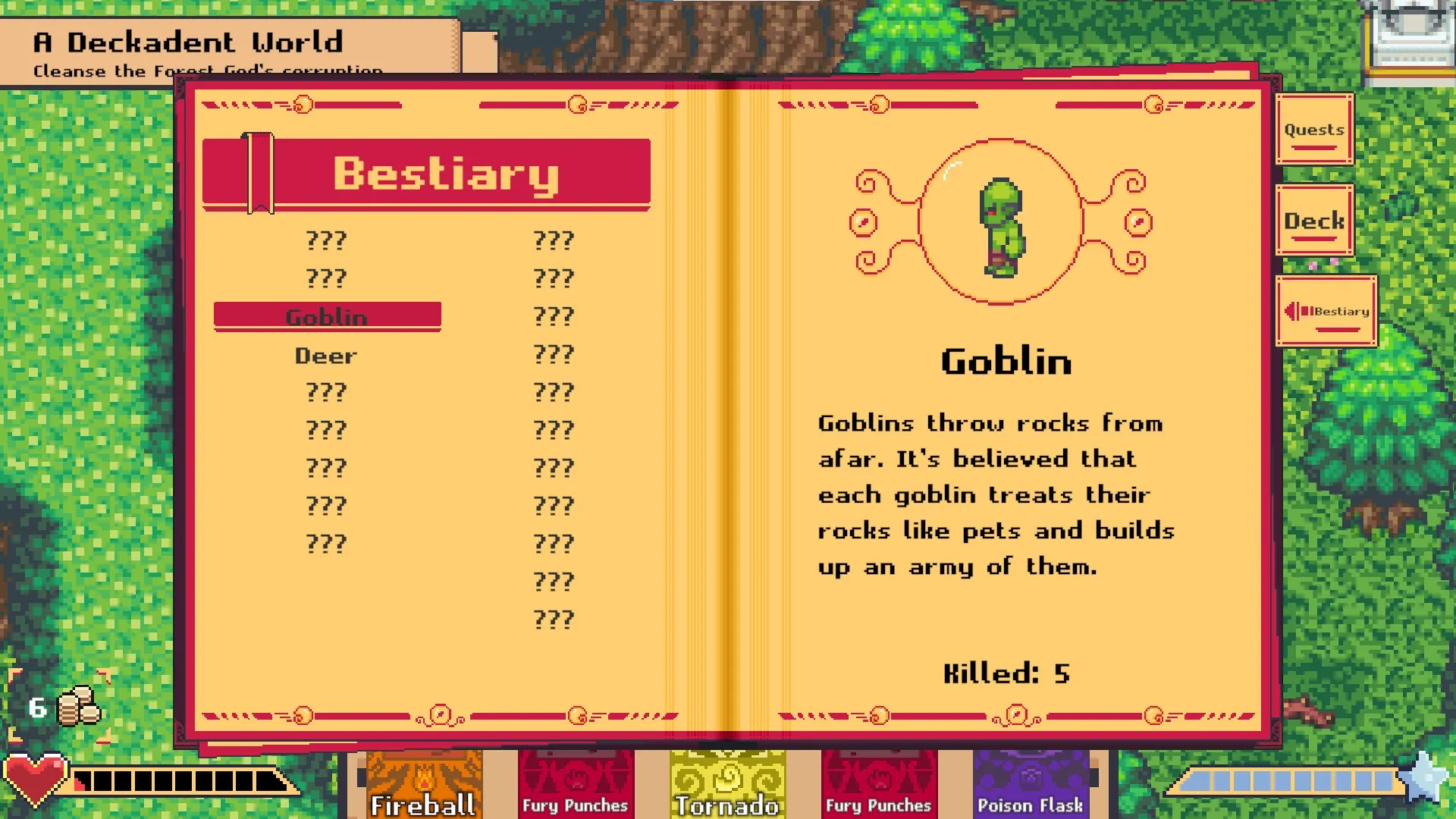 Deckadent: Bestiary menu open, displaying details about goblins with forest background in view.