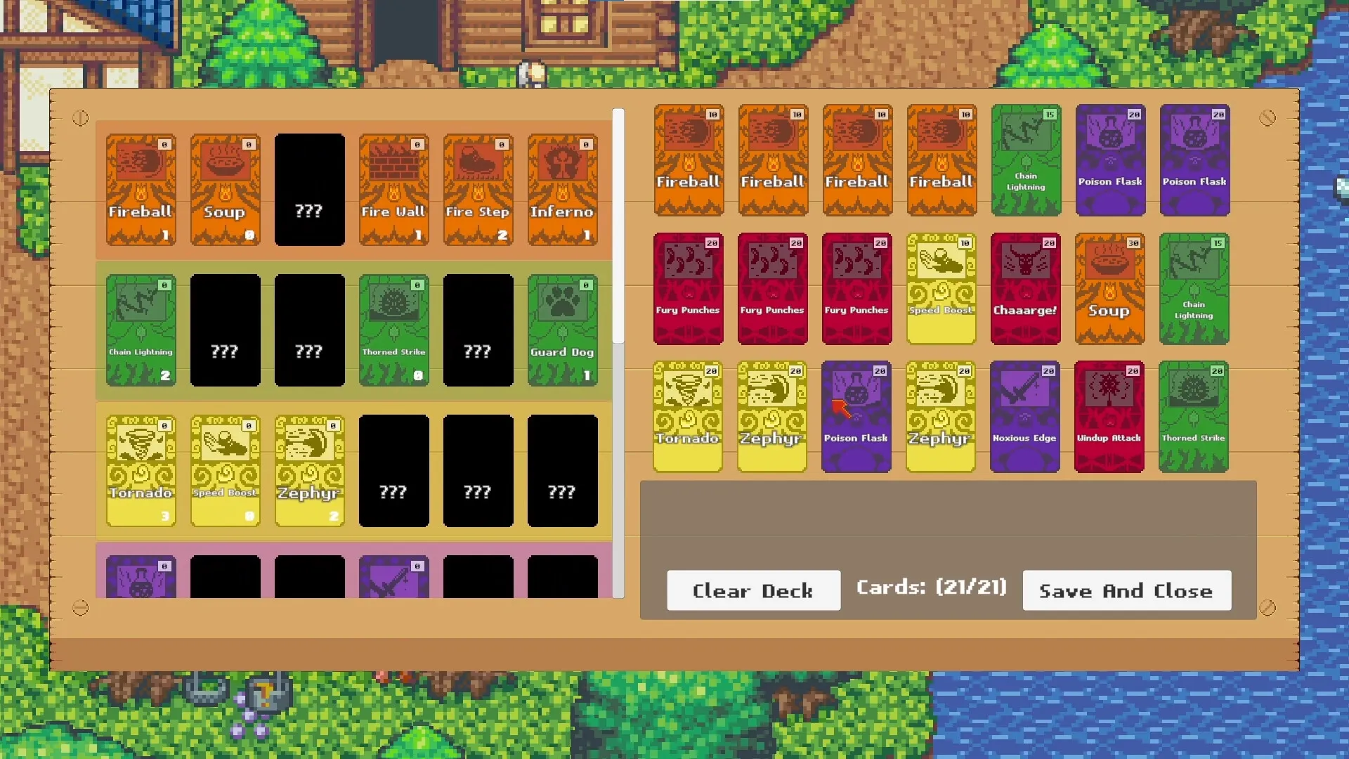 Deckadent: Card selection screen with various spells and abilities displayed in a village setting