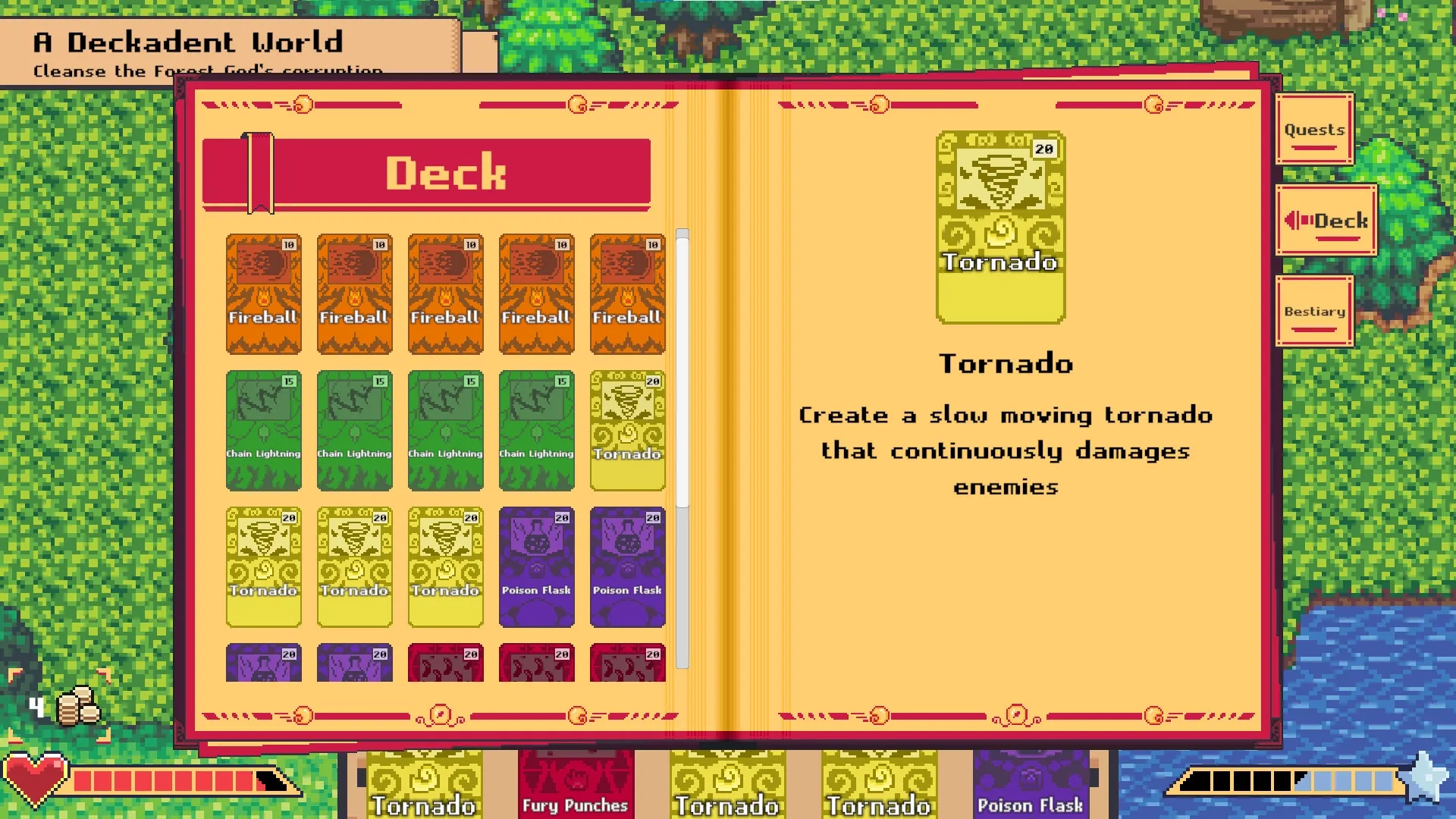 Deckadent: Card selection menu showing various spells and abilities in a forest setting.