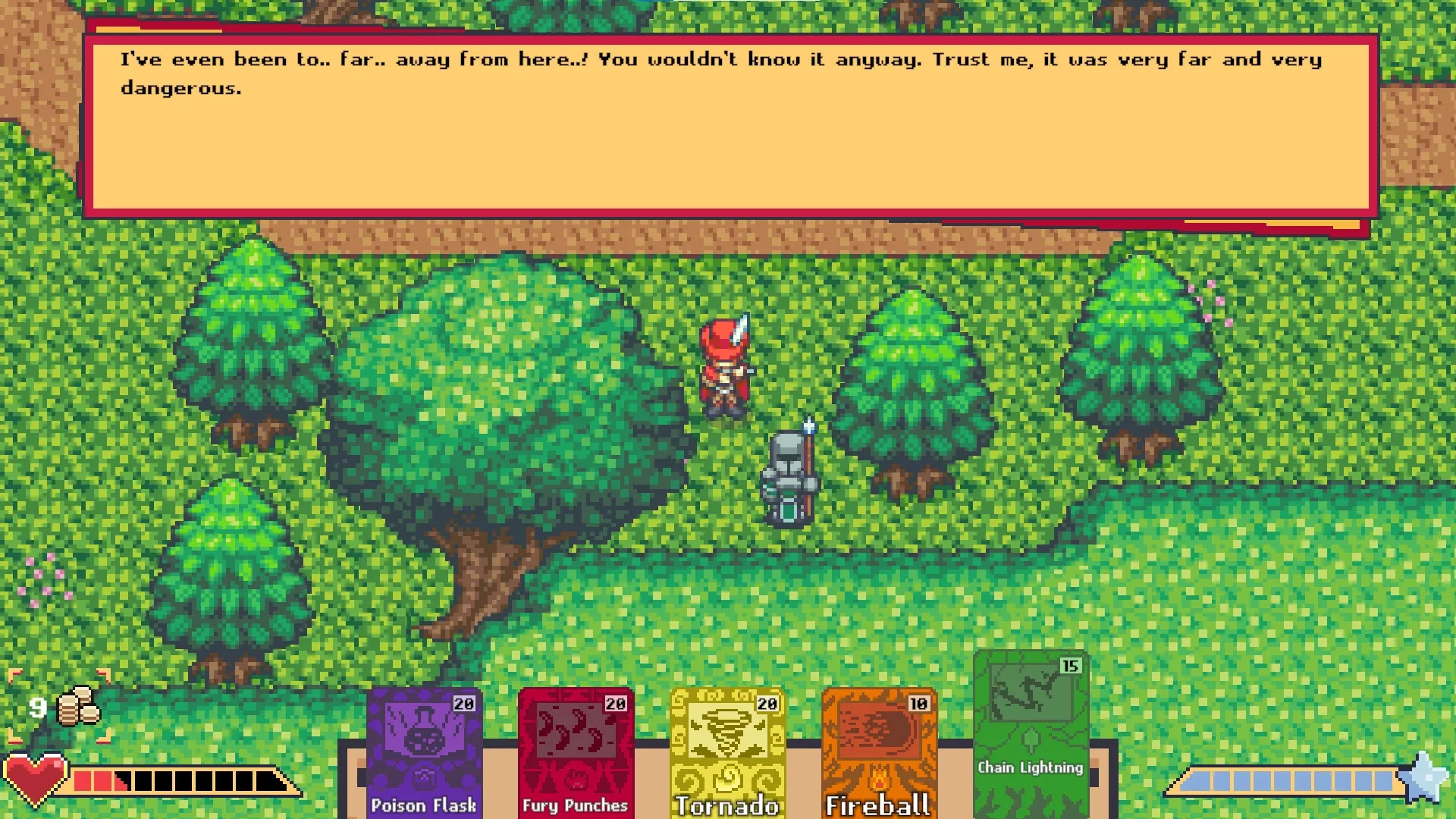 Deckadent: Hero converses with armored character in forest, card deck and dialogue box displayed