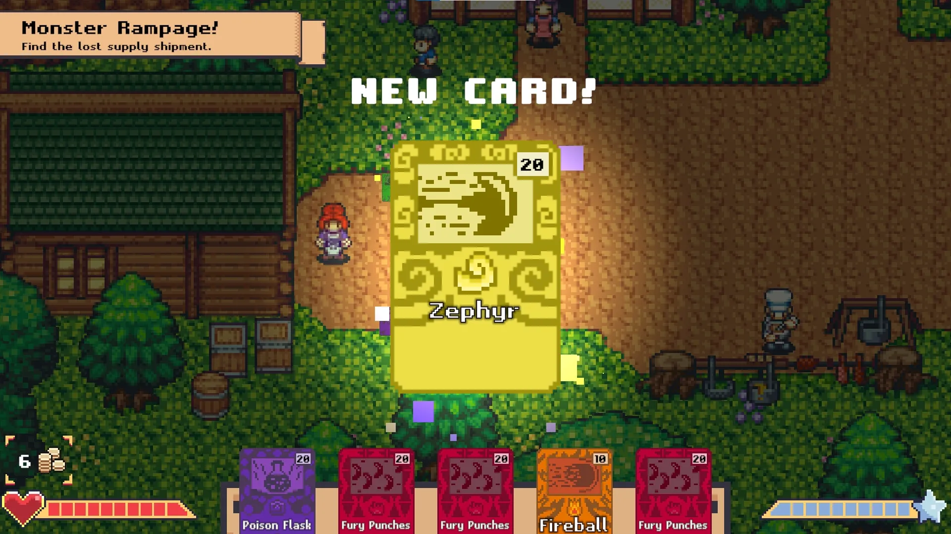 Deckadent: Zephyr card obtained; hero stands in village with quest prompt and card deck visible.