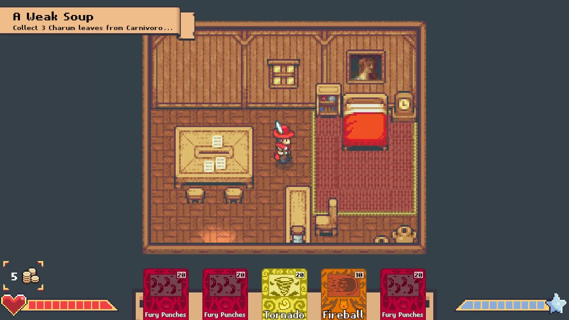 Deckadent: Hero stands in wooden room with quest prompt and card deck at bottom of the screen.