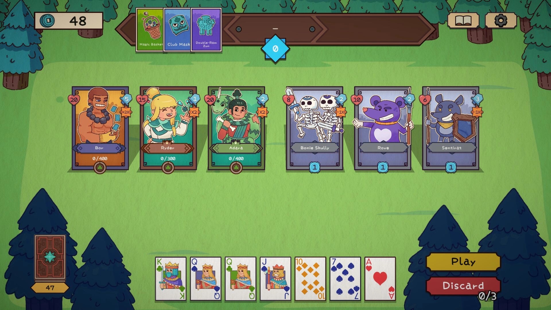 Deckbane: Card selection with Bor, Ryder, Adara, and others in a forest setting with poker hand UI.