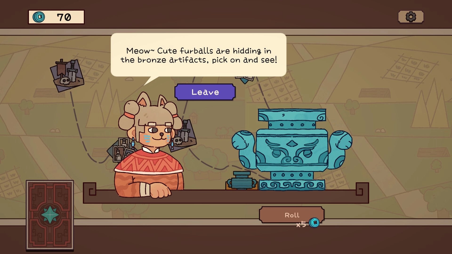 Deckbane: Feline character with dialog box beside ancient artifact in a map-themed shop setting