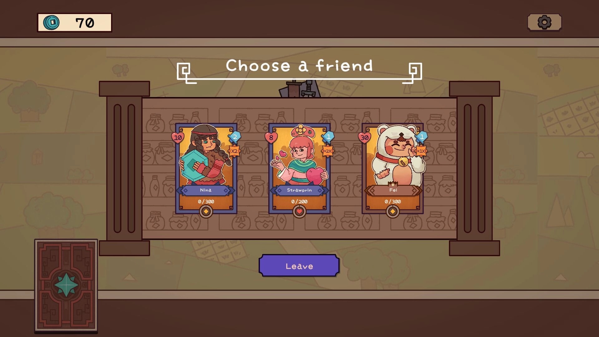 Deckbane: Character selection screen with Nina, Strawprin, and Fei cards in a friendly tavern setting
