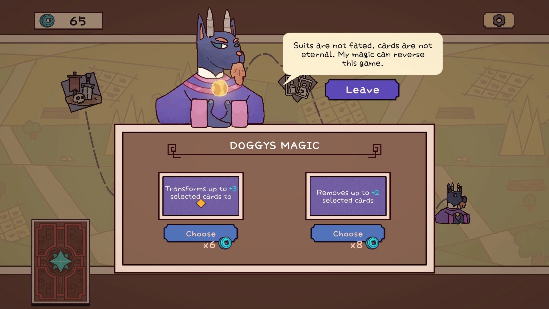 Deckbane: Doggy's magic menu with card transformation options in a whimsical map setting