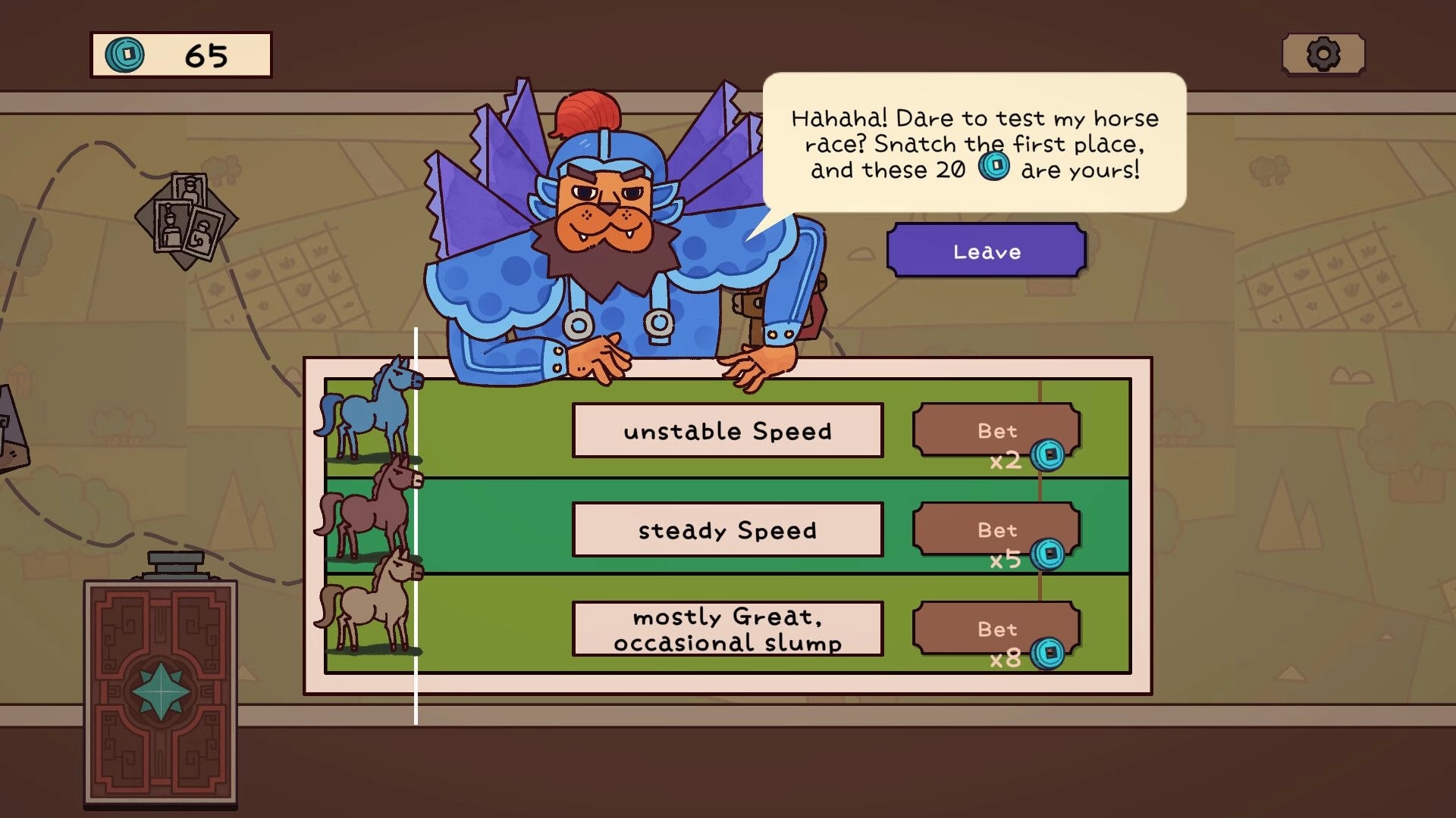 Deckbane: Horse betting interface with three options and a character offering a challenge