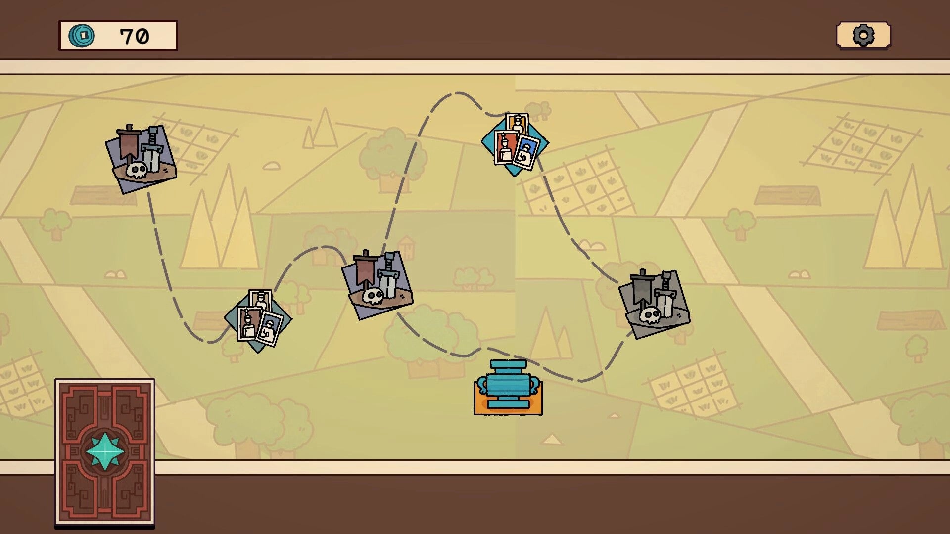 Deckbane: Overworld map with paths between locations, card deck icon, and currency display