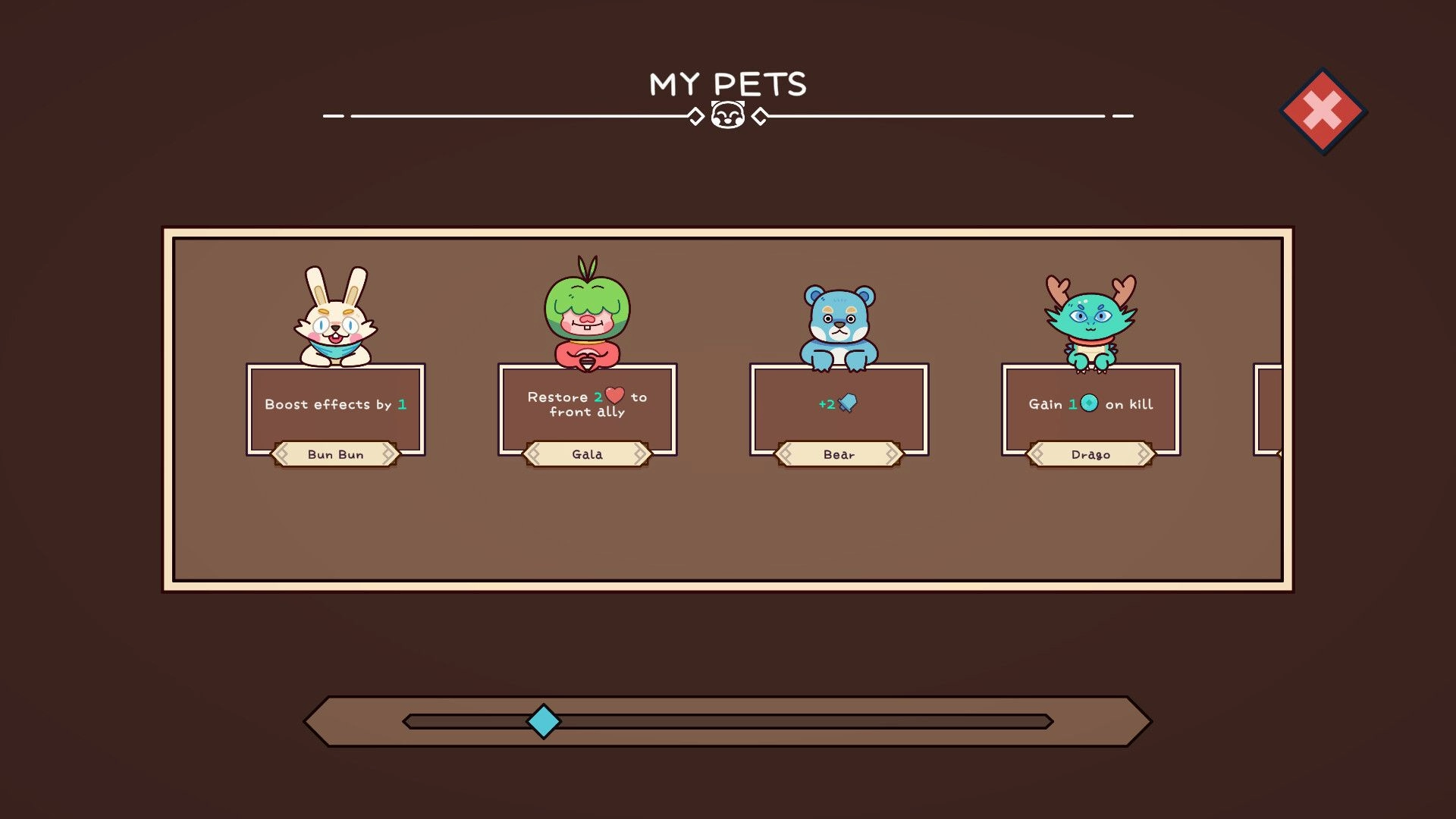 Deckbane: Pet selection menu with Bun Bun, Gala, Bear, and Drago displaying their unique abilities
