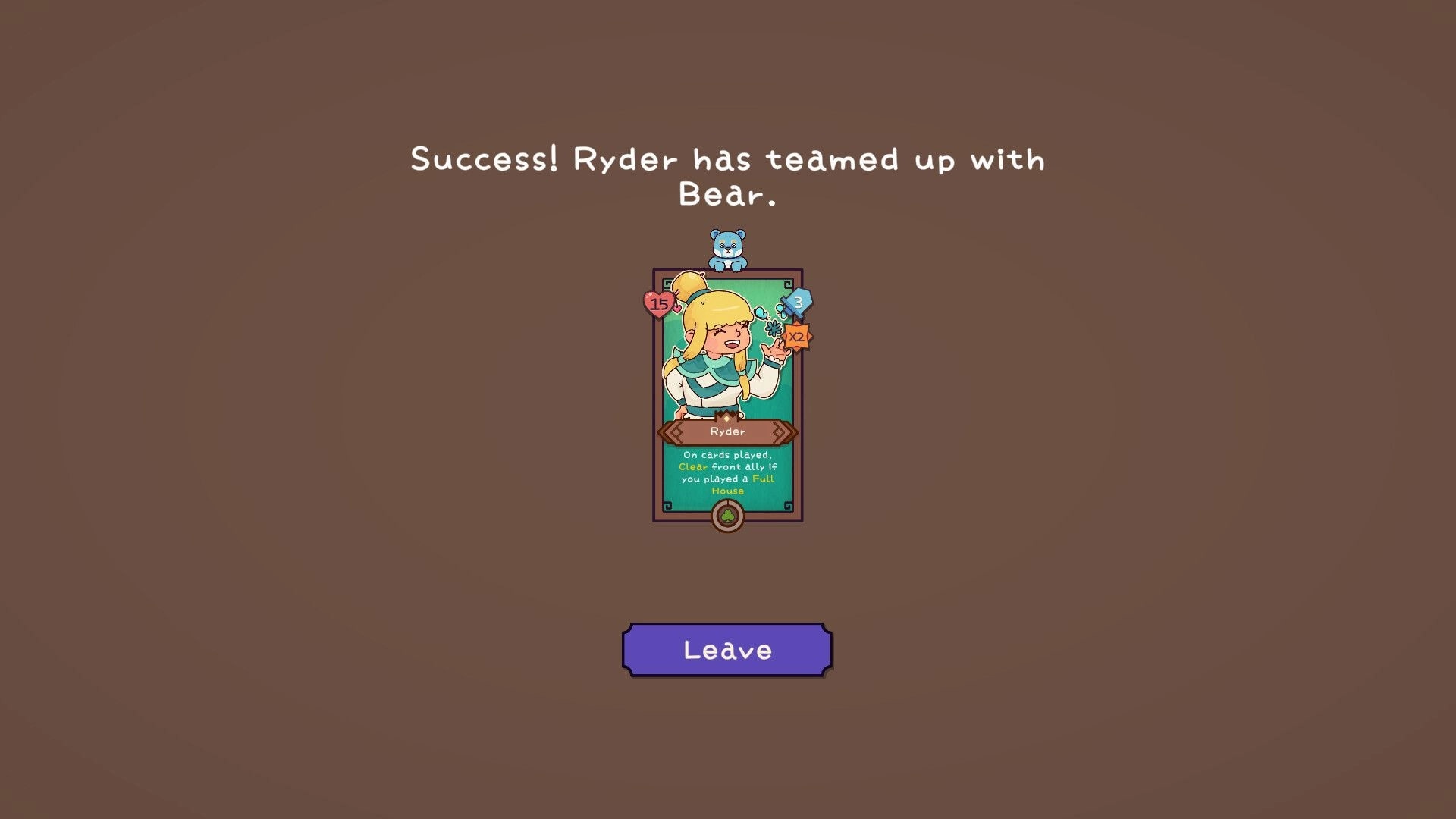Deckbane: Ryder teams with Bear, showing character card and success message on brown background.