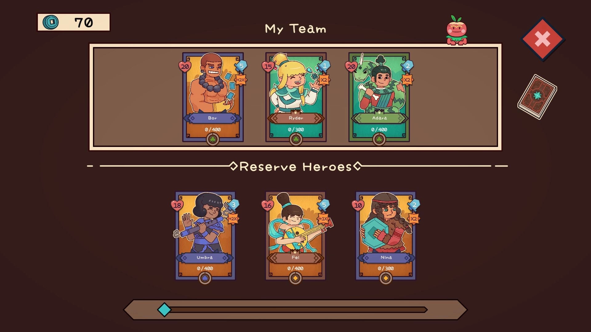 Deckbane: Hero selection screen with three active heroes and three reserve heroes displayed